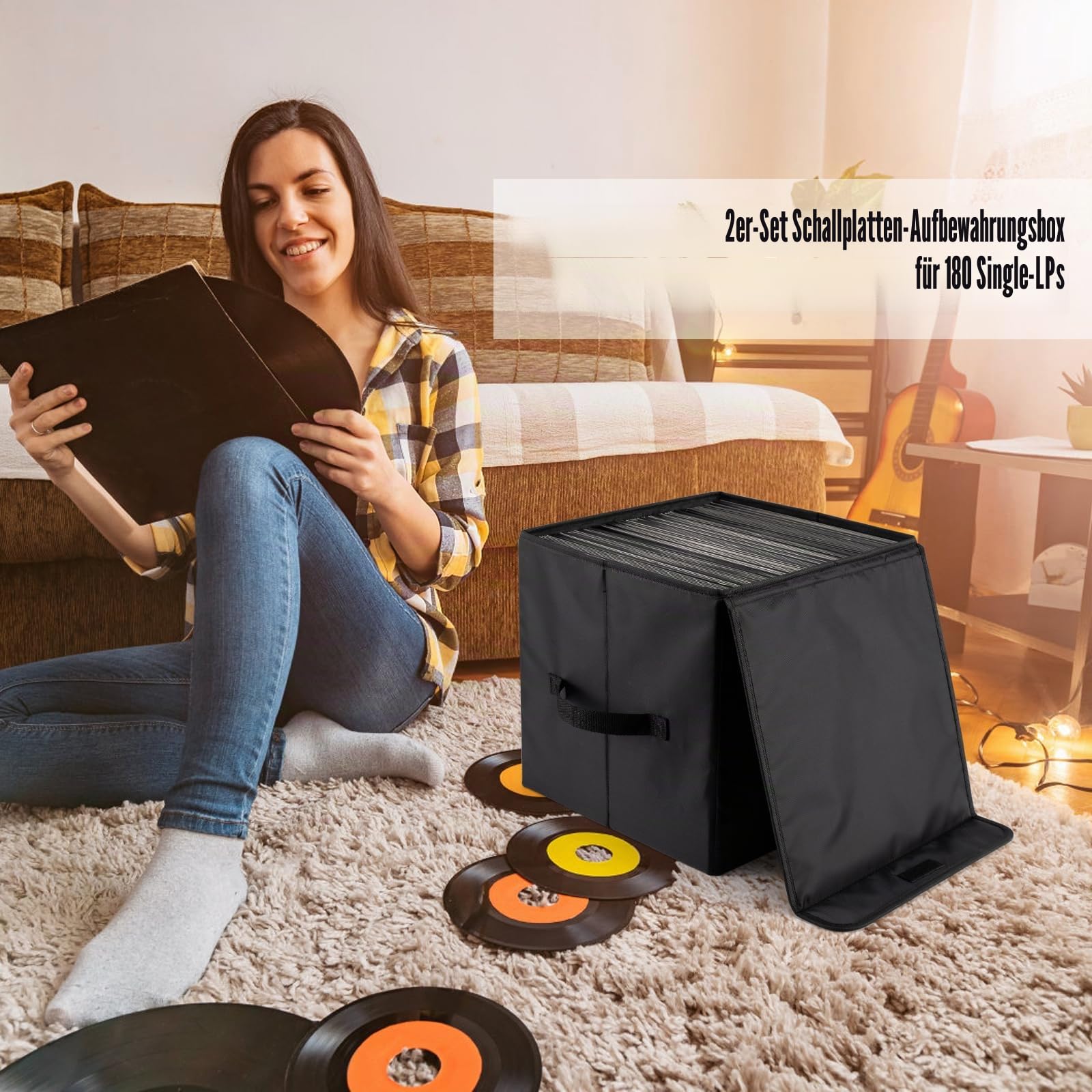 alavisxf xx 2er-Set Vinyl-Aufbewahrungsbox für 12"-LPs (30,5 cm) - Strapazierfähige Nylon-Box faltbar & stapelbar mit Deckel und Griff - 180 Schallplatten Lagerung(12")