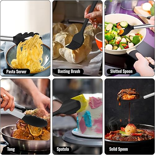 Miniatura 6 de E-far Juego de utensilios de cocina de silicona de 14 piezas, juego de utensilios de cocina con soporte, espátula, cucharón, cuchara, pinzas,