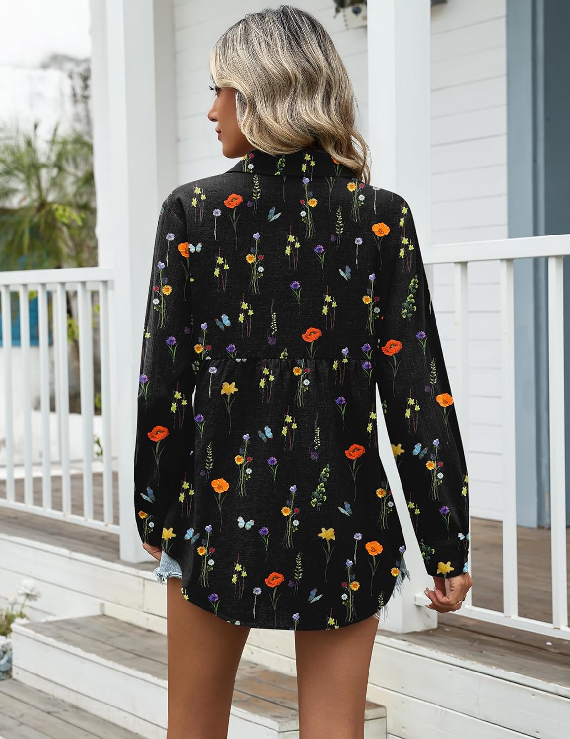 Zeagoo Womens Cotton Linen Button Down Shirts Loose Fit Long Sleeve Collared Blouse Casual V Neck Tops Outfits S-3XL - Image 4