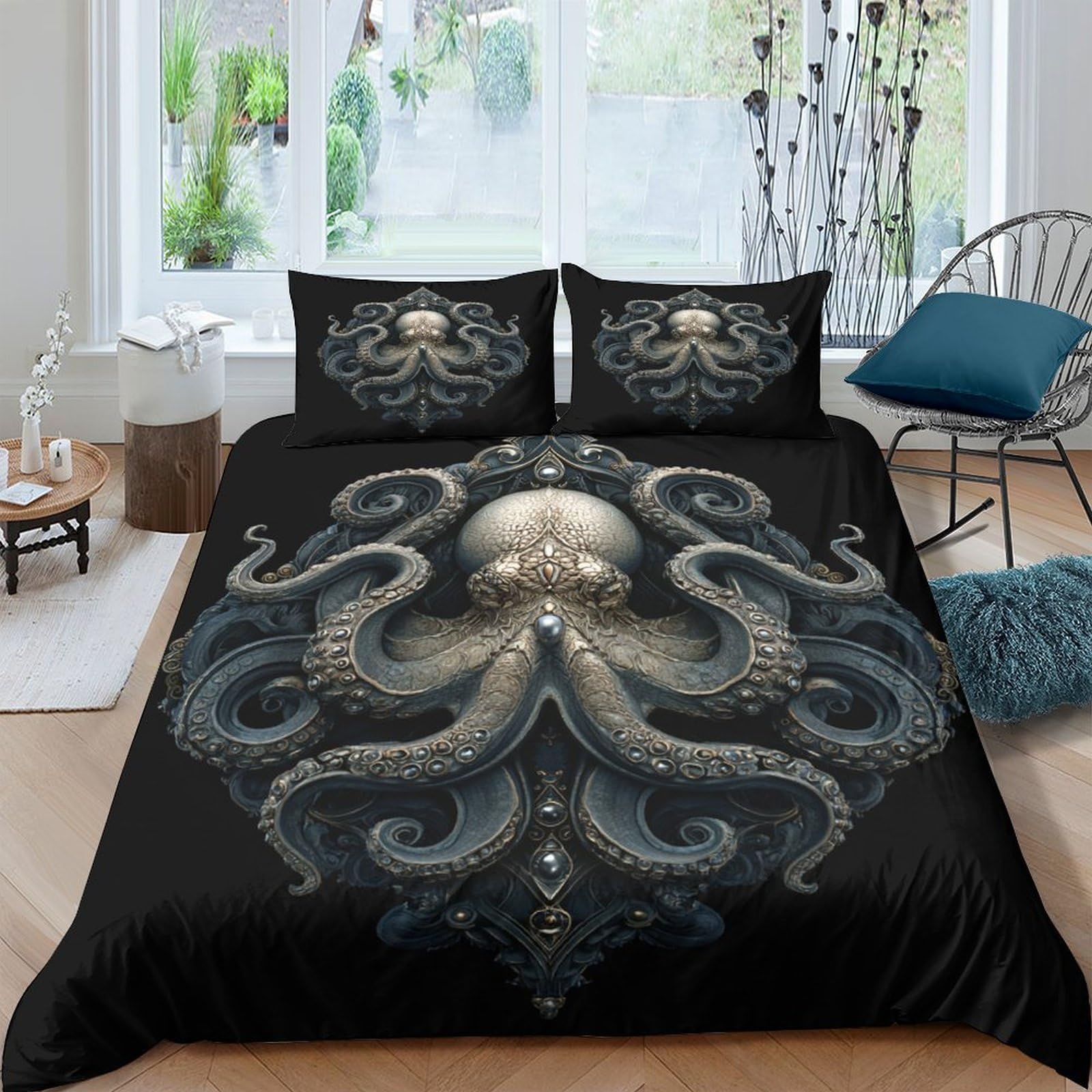Ctjqhvkz Style-1 3D Printed Octopus Art Fitted Sheet Microfiber Soft Black Nautical Kraken Bed Cover For Adult Bedroom Decor Single（135X200cm）