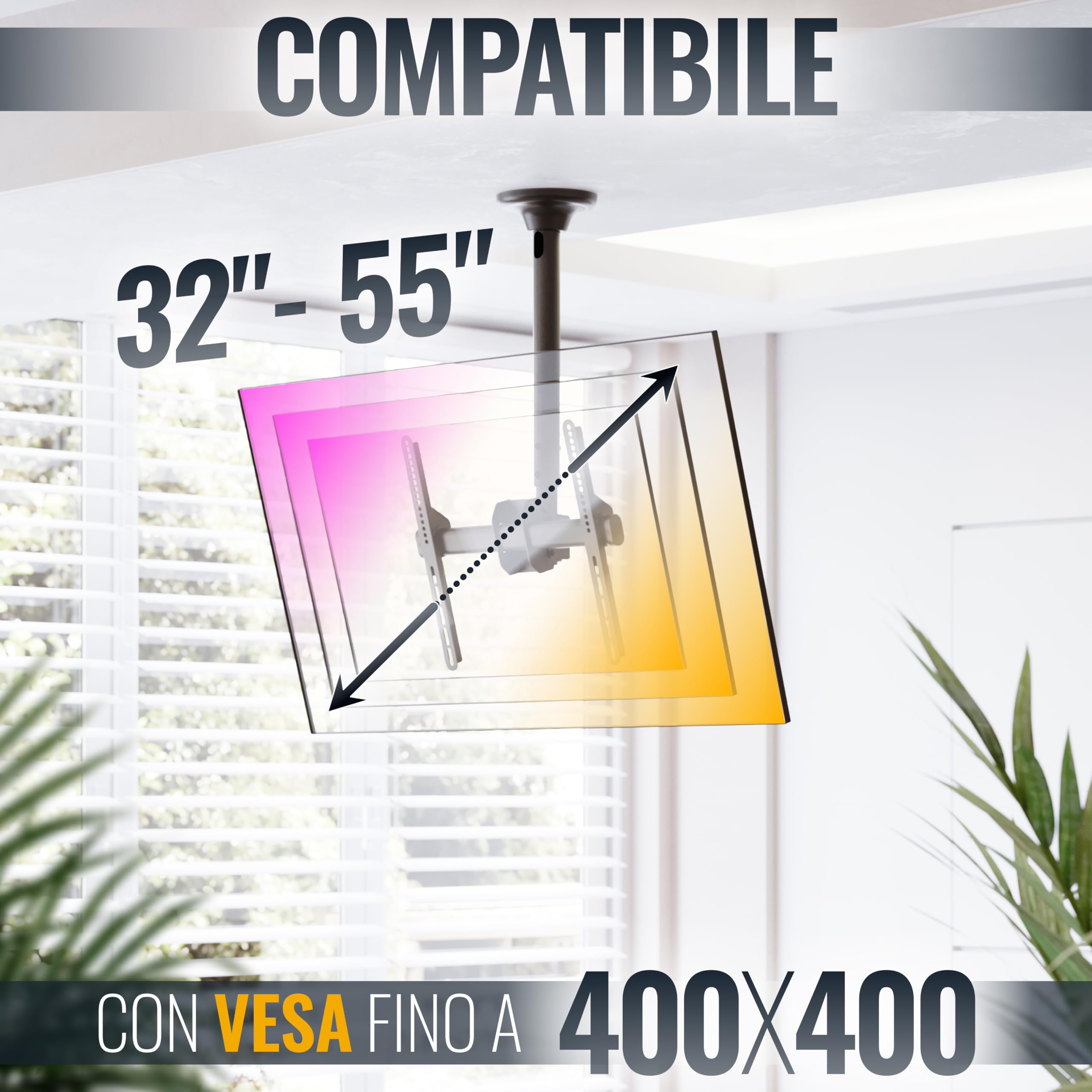 RICOO D0244 Supporto TV da soffitto Staffa TV 32-55 pollici per 32 43 50 55 pollici girevole inclinabile fino a 60 kg max VESA 400x400
