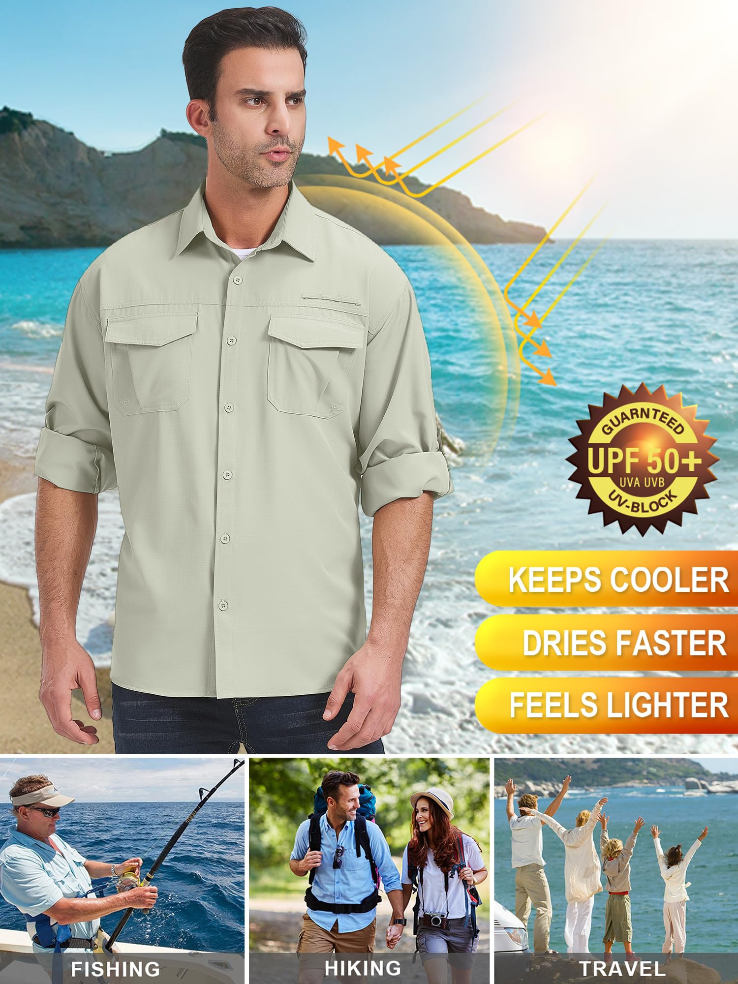 Camisa de hombre de manga larga Safari con protección UV UPF 50+, transpirable, de secado rápido, para senderismo, pesca, trekkin