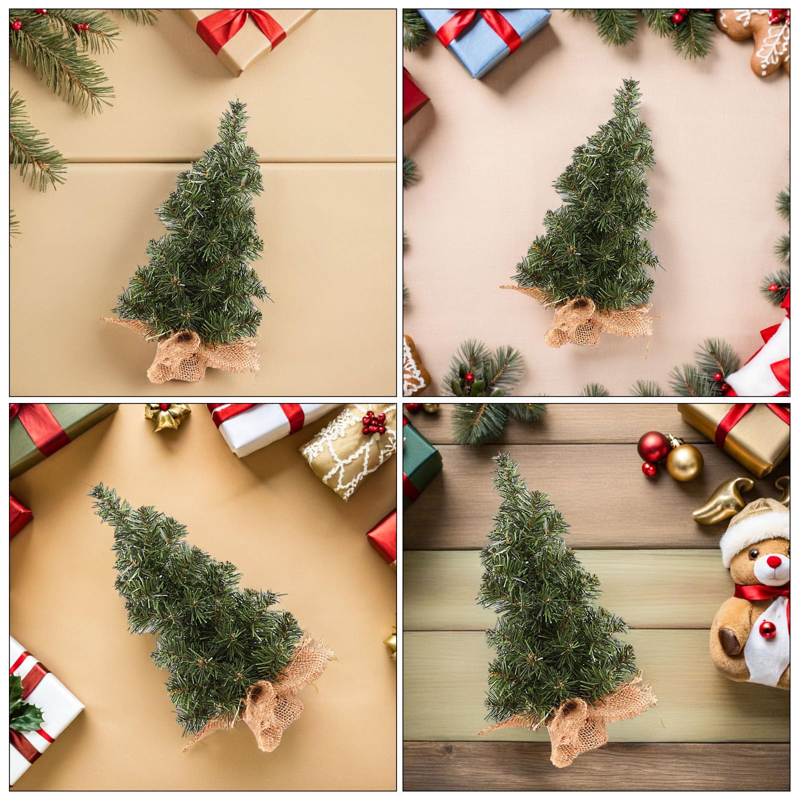 YARNOW 6 Pezzi Albero di Natale Mini Artificiale Verde con Base in Lino, Decorazione Natalizia da Tavolo per Cucina e Casa Accogliente, Albero di Natale Piccolo Realistico e Stabile