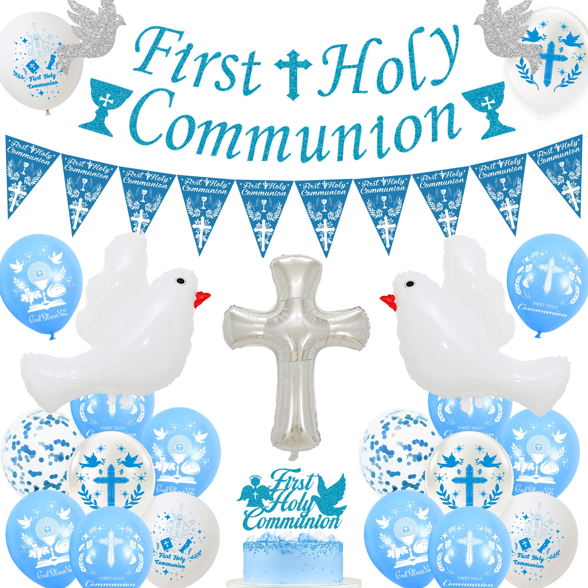 First Holy Communion Decorations Blue - God Bless Balloons Communion Banner Cake Topper, Dove and Cross Foil Balloons for Boys and Girls Party Supplies