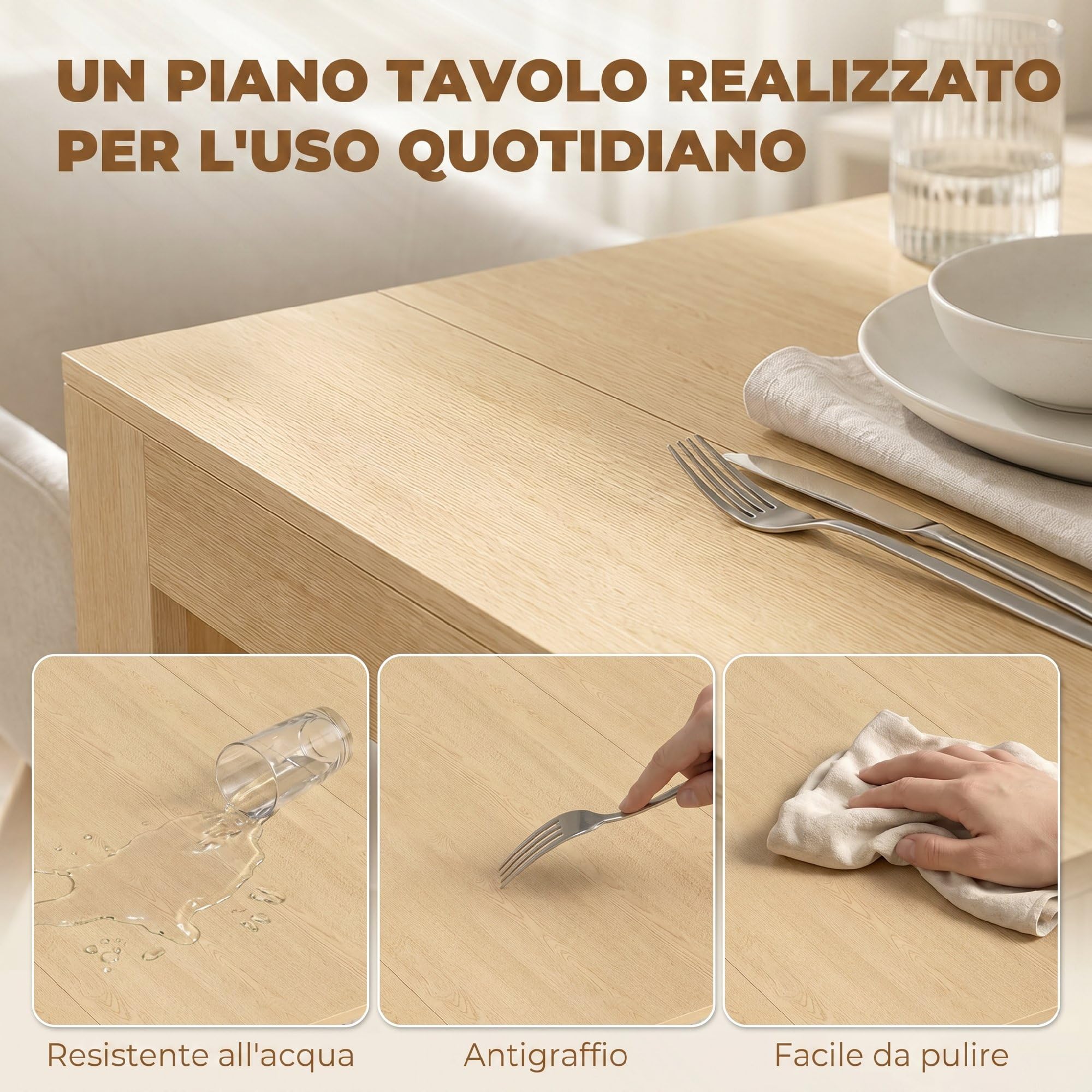 HOMCOM Tavolo da Pranzo Allungabile 48-240x90cm per 10 Marrone Chiaro | Tavolo Consolle Allungabile Rettangolare Salvaspazio, 4 Prolunghe, Soggiorno Cucina, Effetto Legno