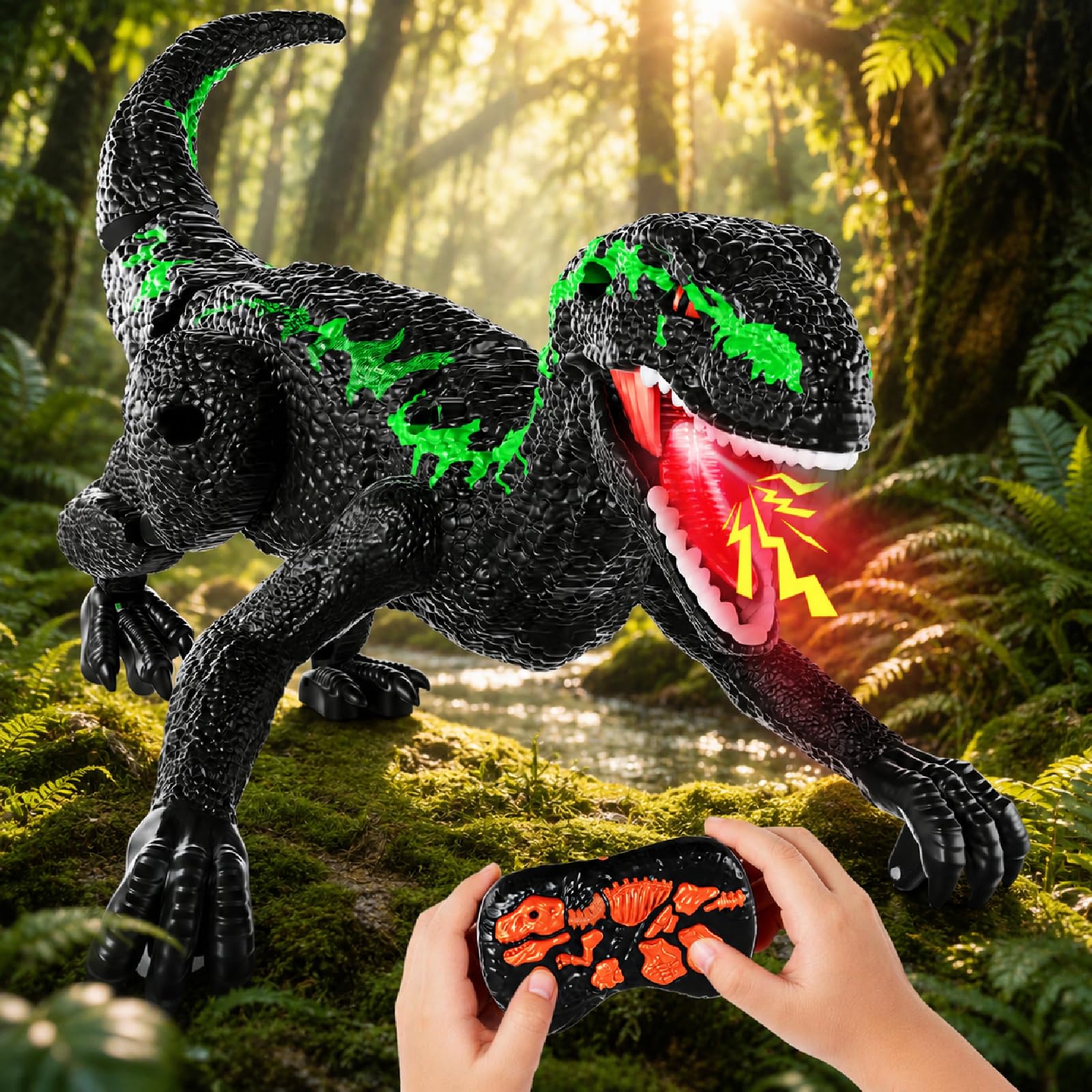 Dinosauro radiocomandato verde, regalo di compleanno per bambini 3-12 anni. Modello robot realistico con cammino, ruggiti ed effetti luce LED
