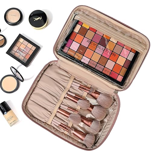 Miniatura 7 de NISHEL Bolsa de maquillaje de viaje de doble capa con correa, organizador grande para cosméticos que se adapta a botellas verticalmente, capa