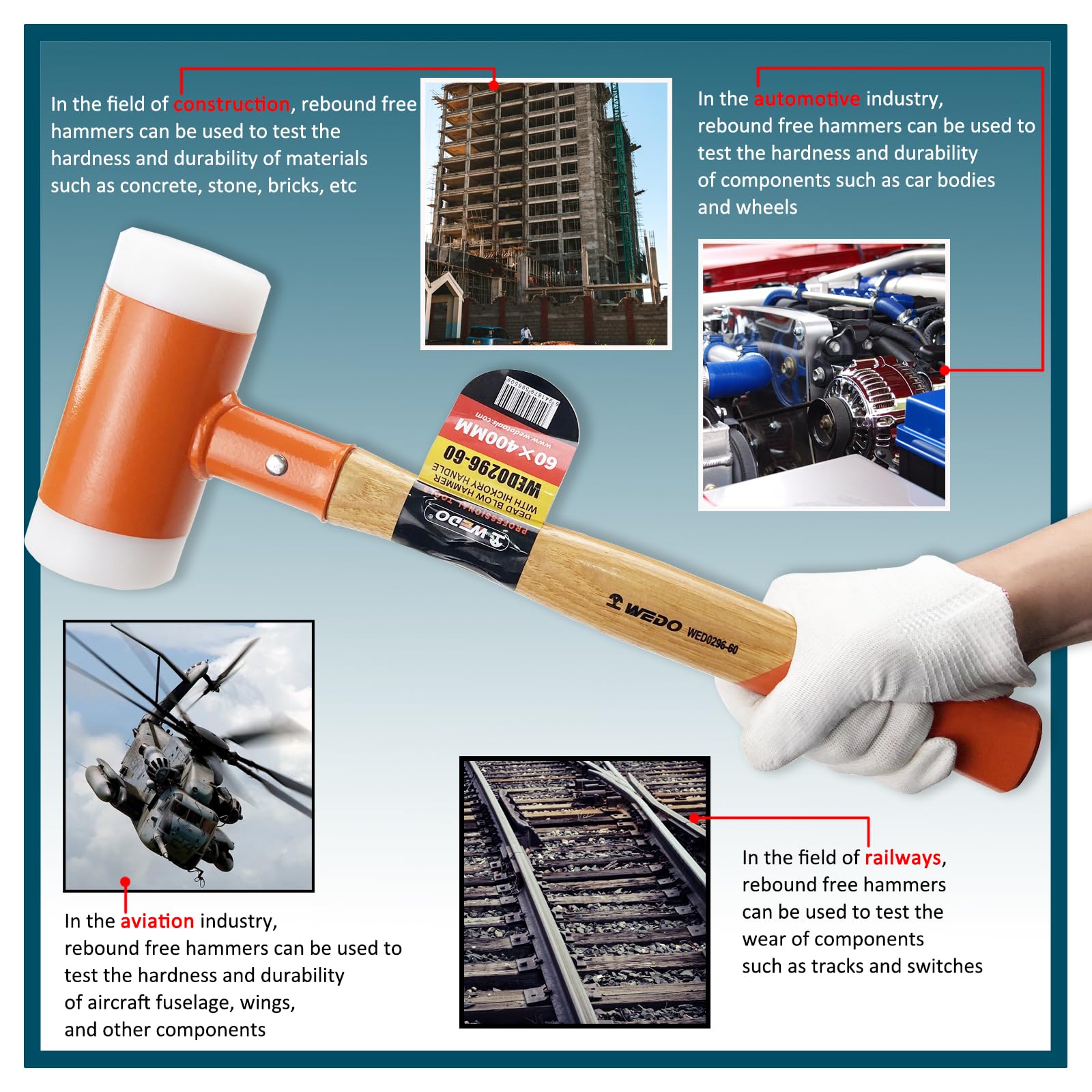 WEDO Młotek do martwego dmuchania z uchwytem orzesznika, gumowy młotek, odporny na odbicie, długość 140 mm, idealny do biżuterii, skóry, rzemiosła, obróbki drewna, prac samochodowych
