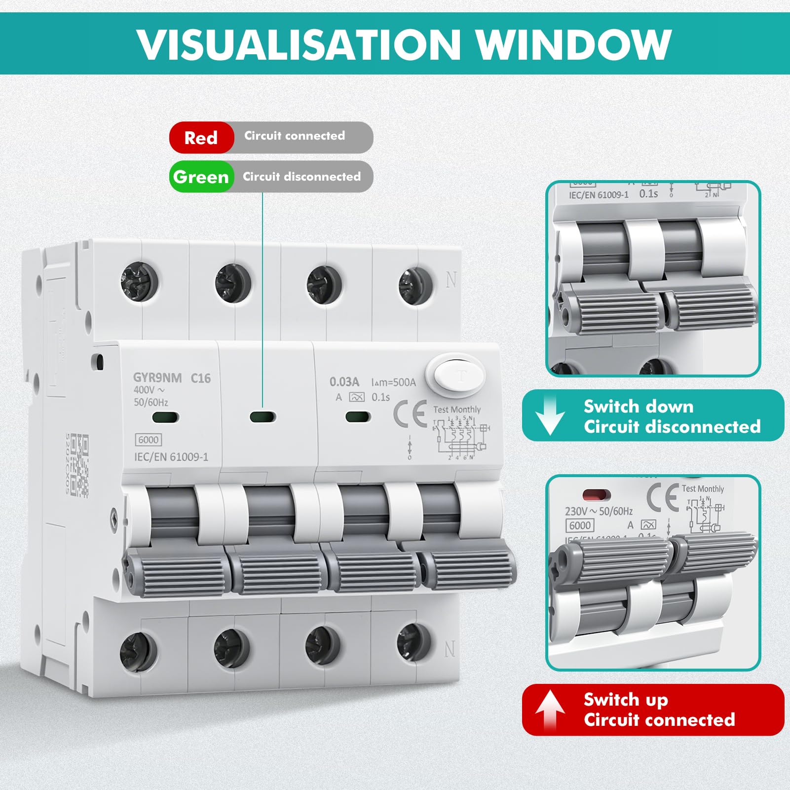 Disjoncteur différentiel 30mA 16A 3P+N type A interrupteur différentiel RCBO 6KA MCB disjoncteurs de courant résiduel AC400V Protection contre les surcharges et les courts circuits GYR9NM