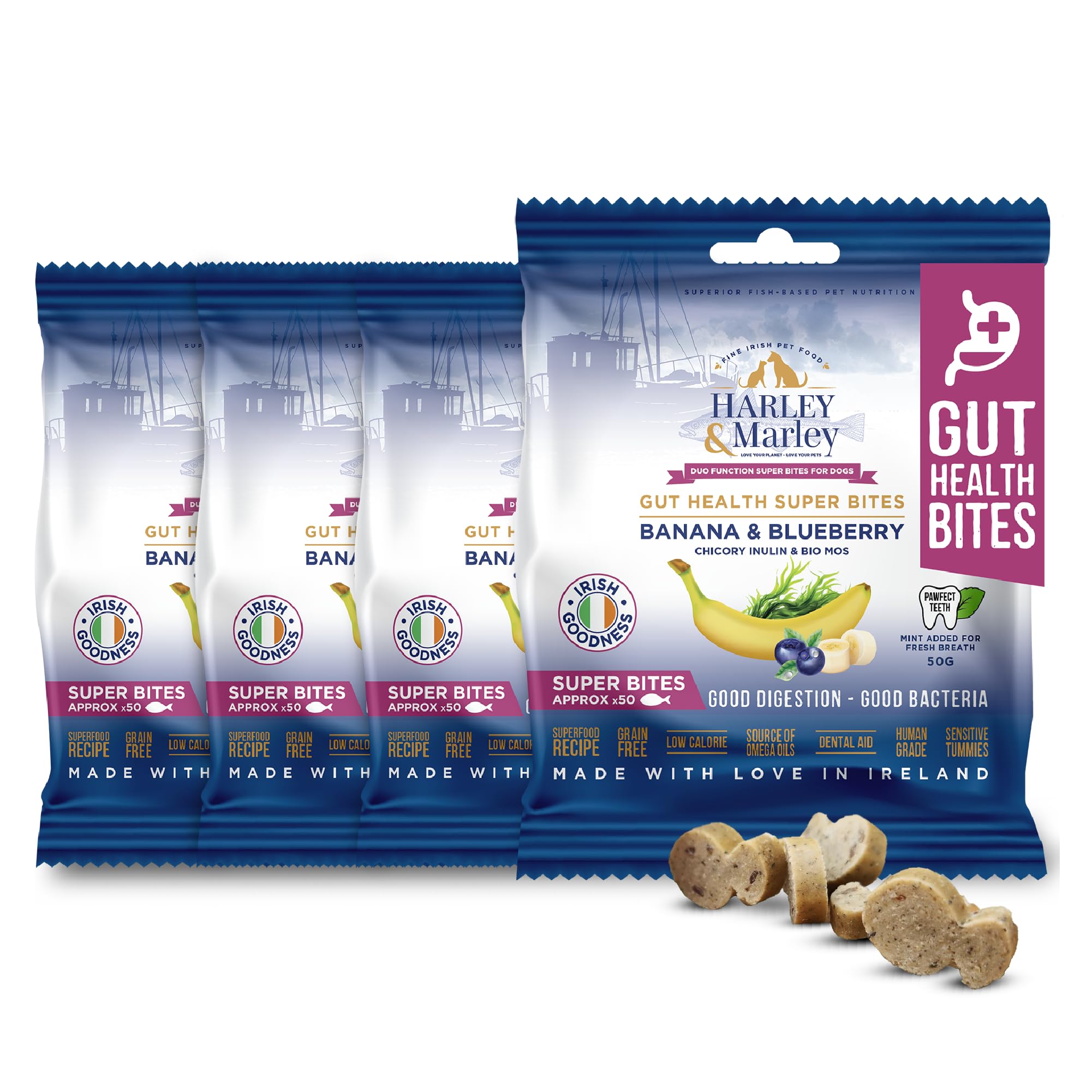Harley & Marley Gut Health Super Bites for Dogs - Natural Dog Digestive Supplements with Fibre, Prebiotics & Biotics - Banana, Blueberry, Chicory Inulin & Bio-Mos - Prebiotics for Dogs - 4pk (50/pk)
