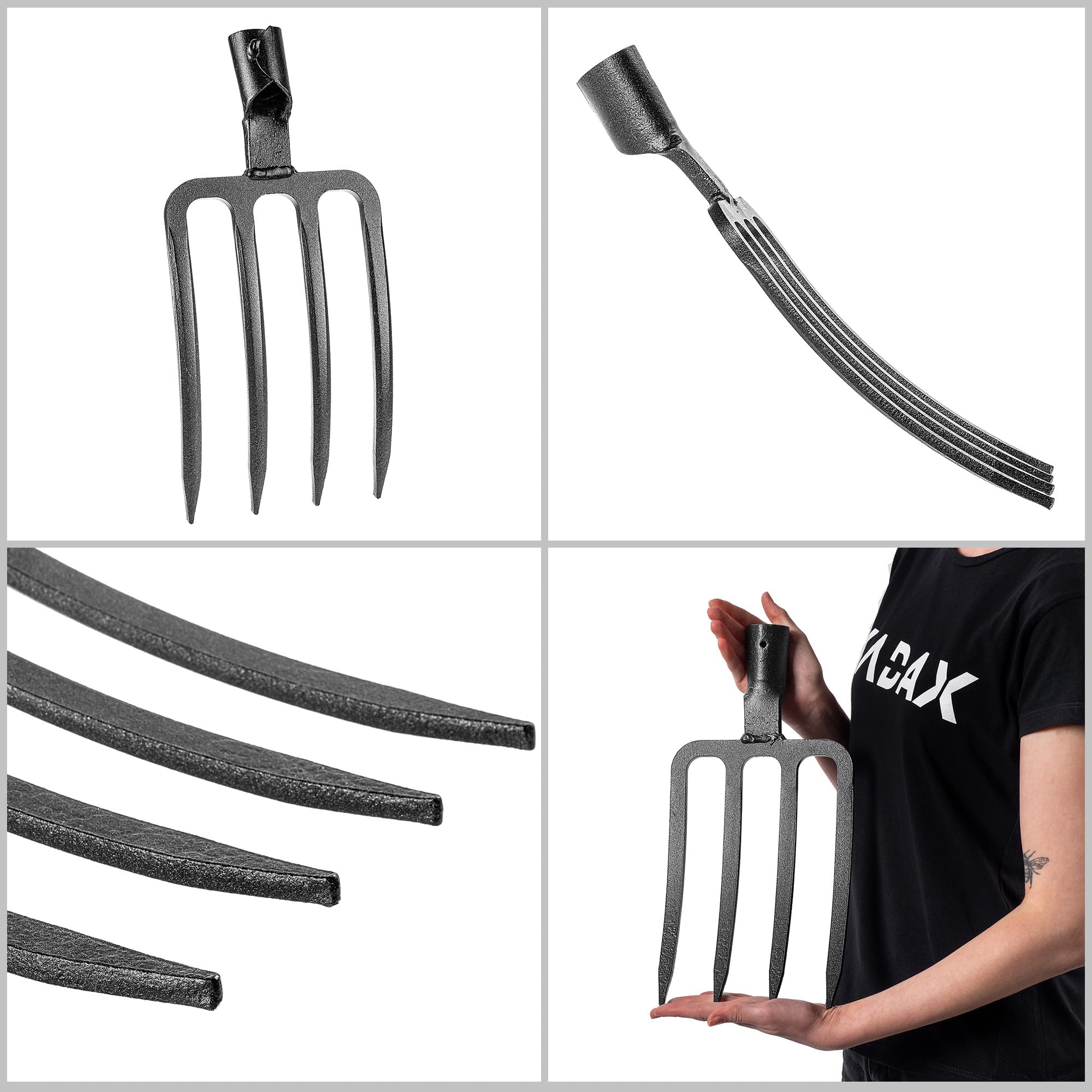 KADAX Fourche de jardin pour creuser et ameublir - Fourche à creuser et à desserrer - Fourche à creuser sans manche - Fourche à foin légère - Fourche à bêche - Noir - 4 dents