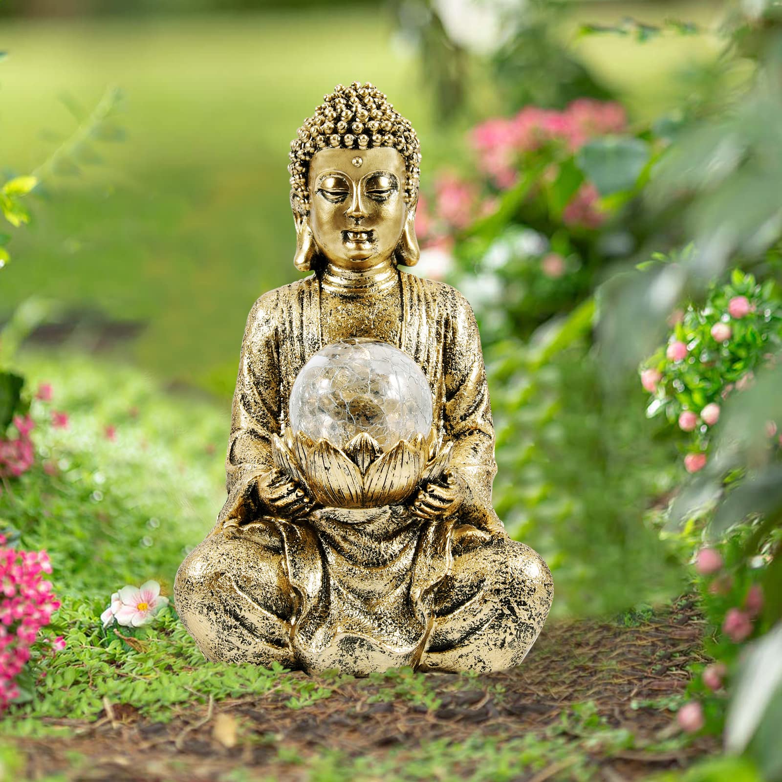 Yeomoo Statue Bouddha Zen avec Globe Solaire Décoration Jardin 26,5cm