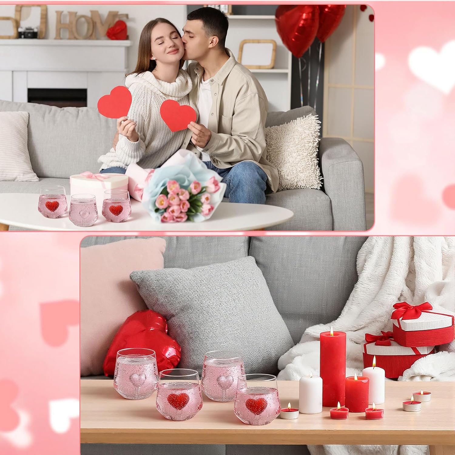 2 Pcs Valentine Stemless Wine Glasses Galentine 3D Heart Drinking Glass Cup 12oz Red Pink Heart Wine Glasses Icon Juice Glass Clear Double Hand Blown Cocktail Glassware for Valentine Party Supplies