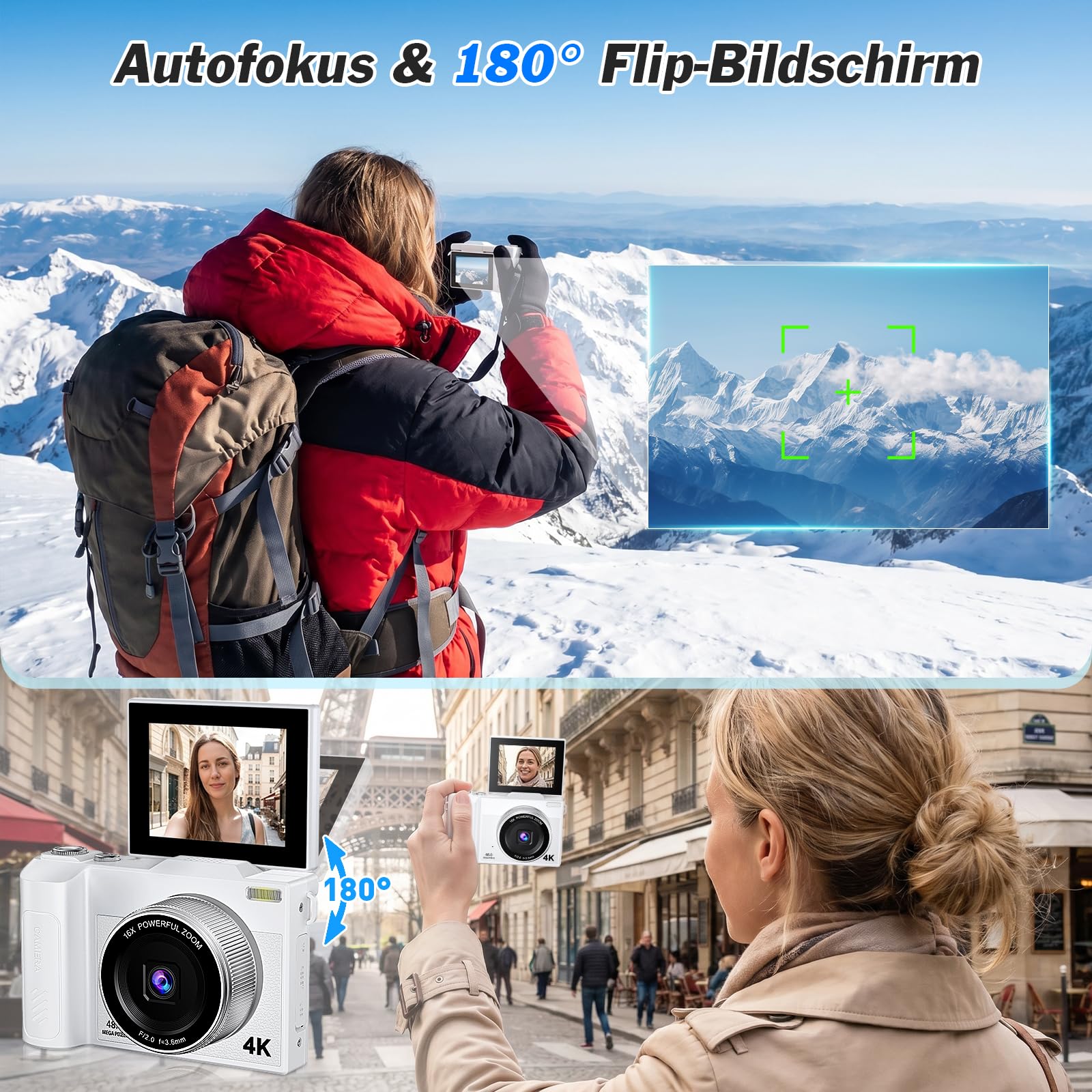 4K Macchina Fotografica 48MP Autofocus Fotocamera Digitale Compatta 2.8'' Schermo Flip 180° con Zoom 16X Vlogging Camera con 32G Scheda per Adolescenti Principianti Adulti (Nero) (Bianco)