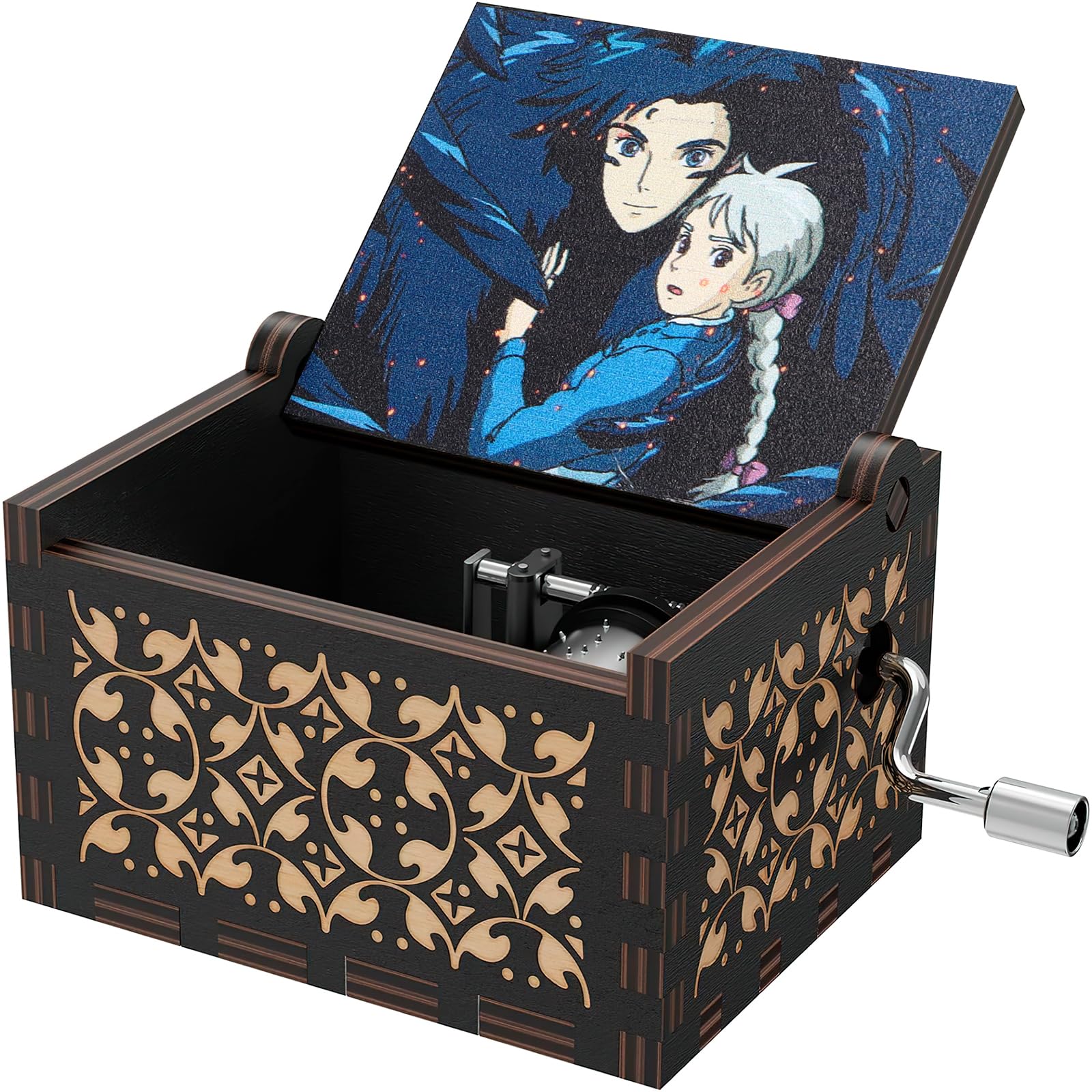 Howl's Moving Castle Wood Music Box,Anime Theme Music Merry Go Round of Life,Vintage Wooden Hand Crank Music Box,Wooden Clockwork-Driven,Suitable for Family and Friends