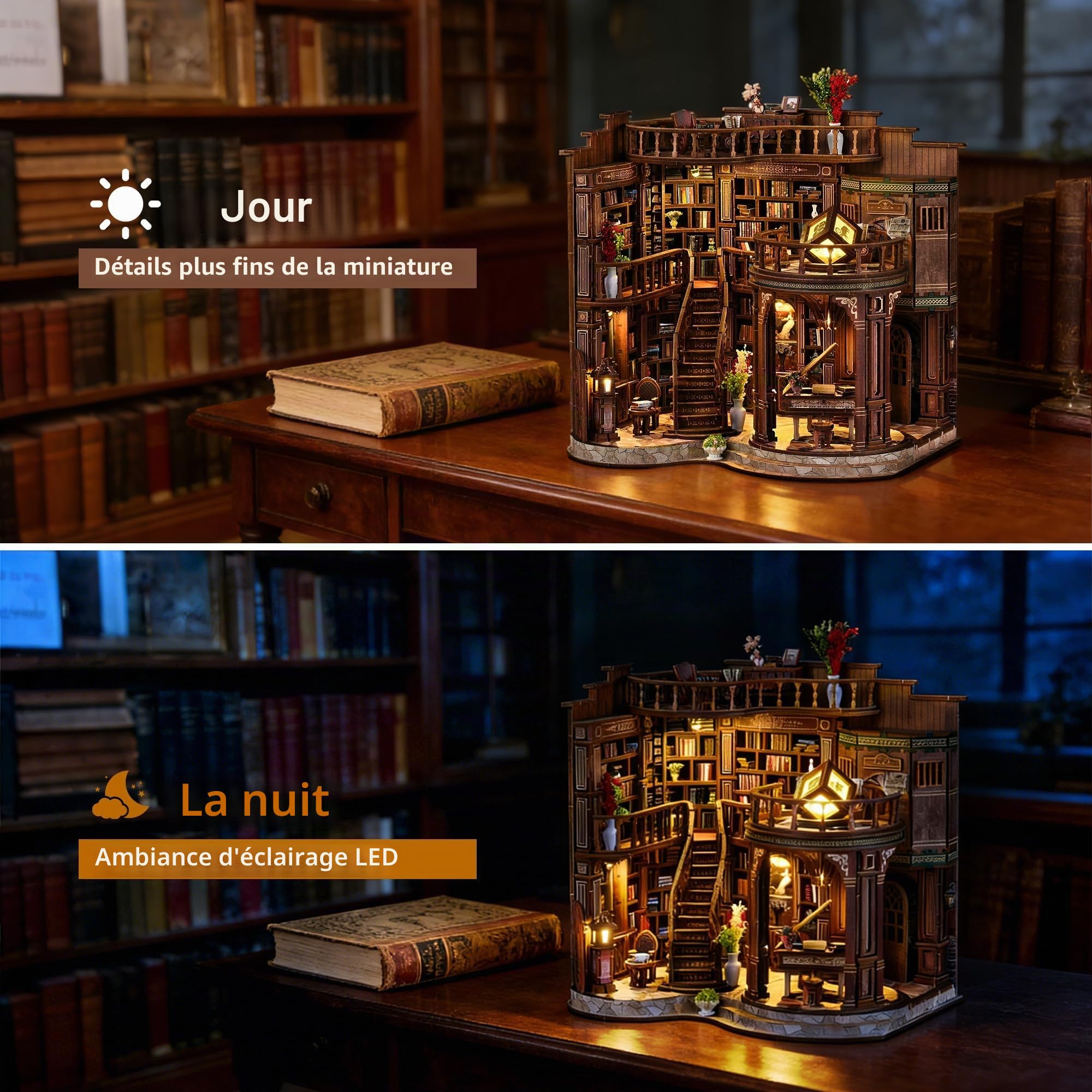 Kit Book Nook pour Adultes - CRIOLPO Puzzle 3D en Bois Insertion De Bibliothèque avec Lumière LED - Modèle D'Architecture Et Décoration Artistique pour Collectionneurs