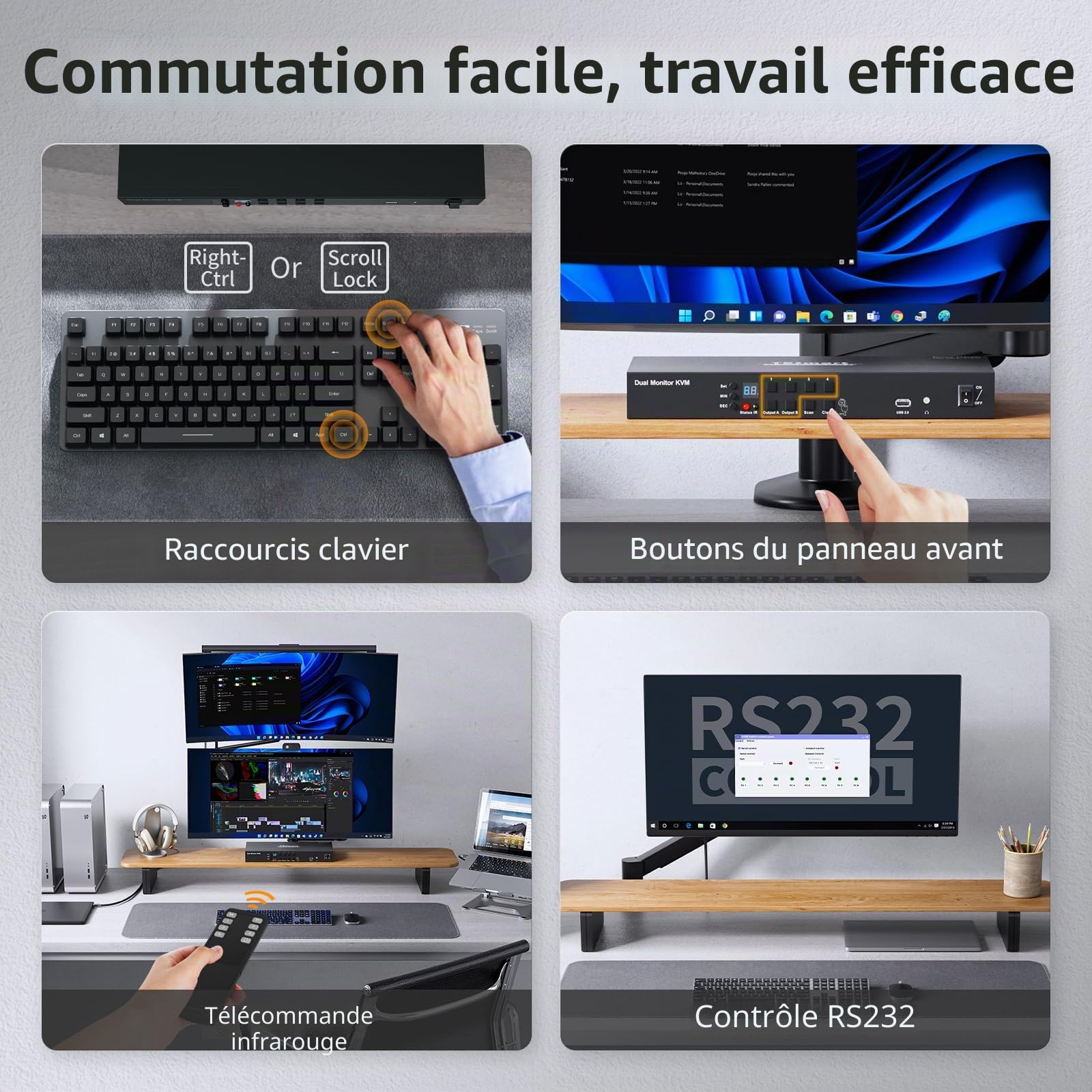 TESmart 4K@60Hz DisplayPort KVM Switch 4 PC 2 Moniteurs, Commutateur KVM 2 écrans avec émulateurs EDID, DCCI, sortie audio G/D, USB 2.0, commutateur à touches de raccourci, avec câble d'entrée