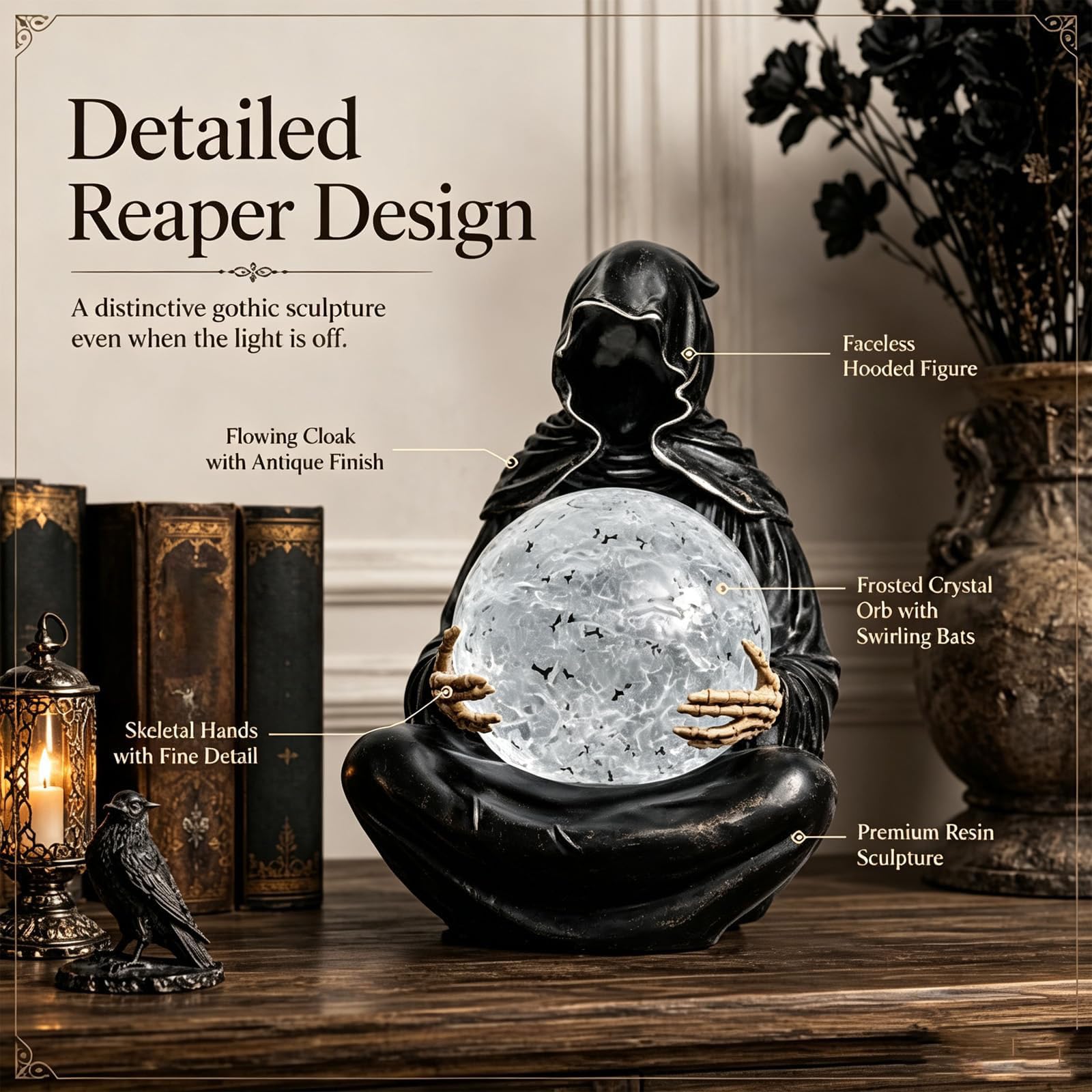 Mystisches Sensenmann-Kristallkugellicht, gotische Sensenmann-Statue (2pcs) | Halloween-Todesgott-Dekorationsgeschenk mit schwebenden Fledermäusen und leuchtendem Kugeleffekt für das Regal
