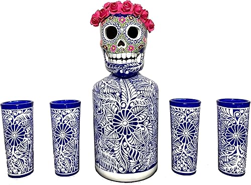 Miniatura 14 de Juego de decantador de tequila, decantador de licor con vasos de chupito y sombrero mexicano, decantador pintado a mano, decantador de calavera