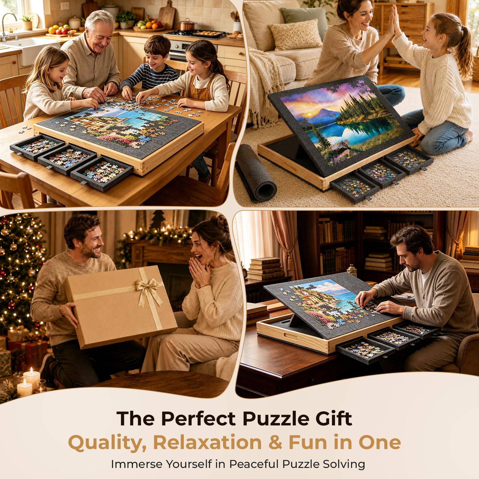 Puzzle portatile in legno e feltro, 1000 pezzi, con 3 cassetti (nero) | Tavolo puzzle con copertura protettiva in feltro, puzzle con 3 angoli di inclinazione, il regalo perfetto per adulti