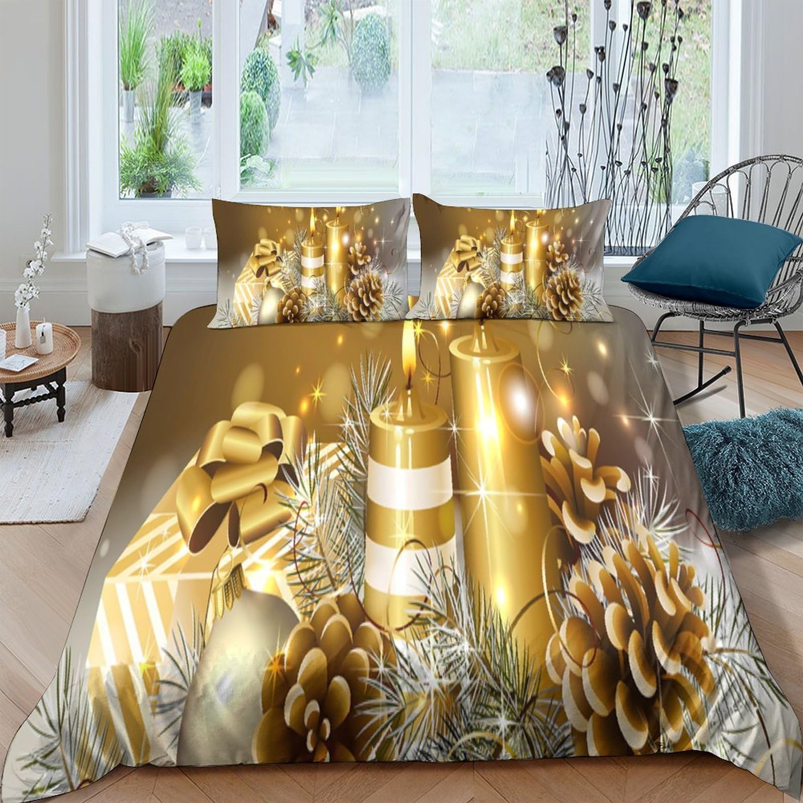 Ctjqhvkz Style-10 3D Printed Golden Candle Pinecone Fitted Sheet Microfiber Soft Mattress Cover Bedroom Decor Single（135X200cm）