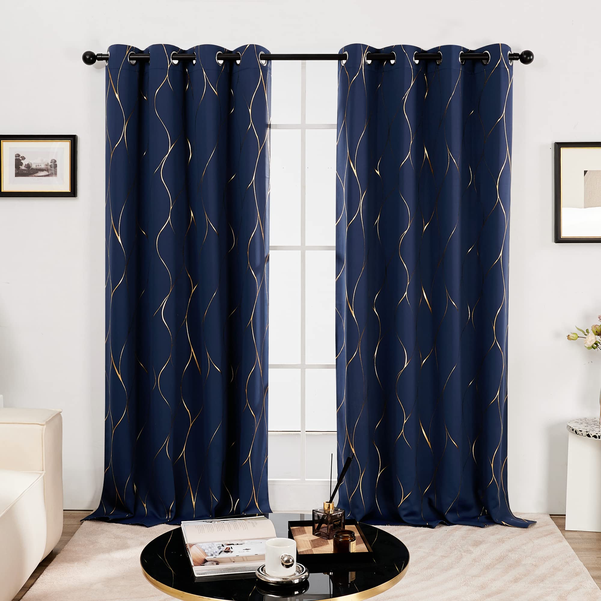 Deconovo Home Decorative Eyelet Blackout Curtains, Gold Wave Foil Printed Energy Saving Thermal Curtains for Living Room Navy Blue W52 x L108 2 Panels — image 1