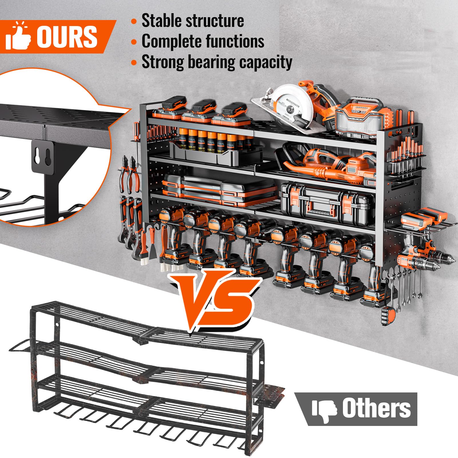 Support mural robuste pour outils électriques, grande organisation de garage avec 10 supports de perceuse sans fil, 4 couches d'organisateurs d'outils et de rangement, porte-outils avec 6 multiprises