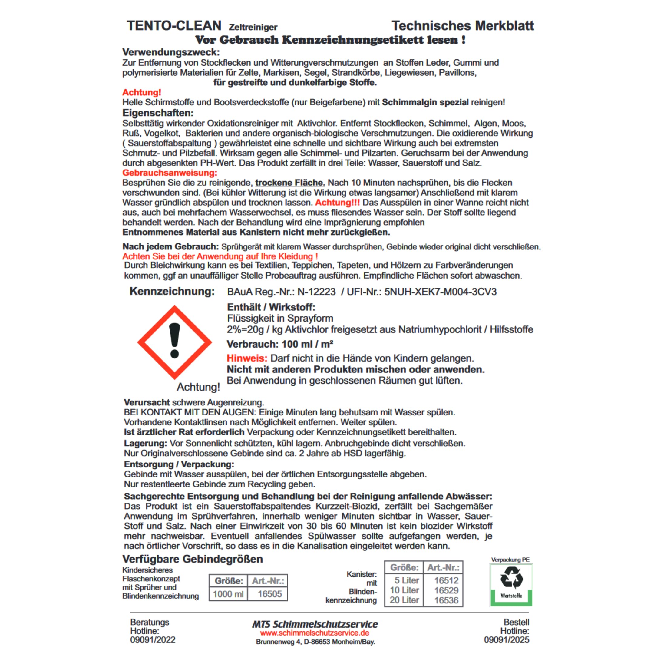 Generisch Stockflecken Entferner Tento-Clean Stockfleckenreiniger 1L Schimmelentferner Stoffe Outdoorstoffe Boot Markise Plane Vogelkot Moder Moos Textilien zahlreiche organische Verschmutzungen