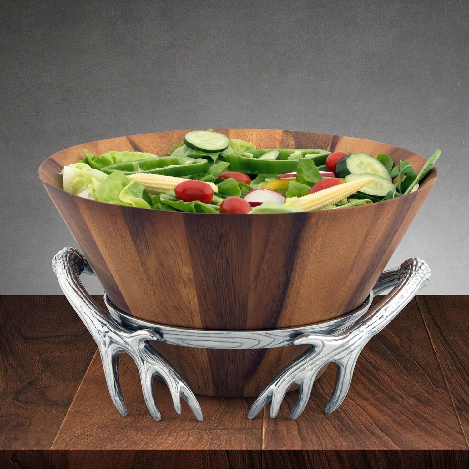 Arthur Court Acacia Wood Salad Bowl with Antler Pattern Aluminum Stand 8 inch Tall 12 inch Dia