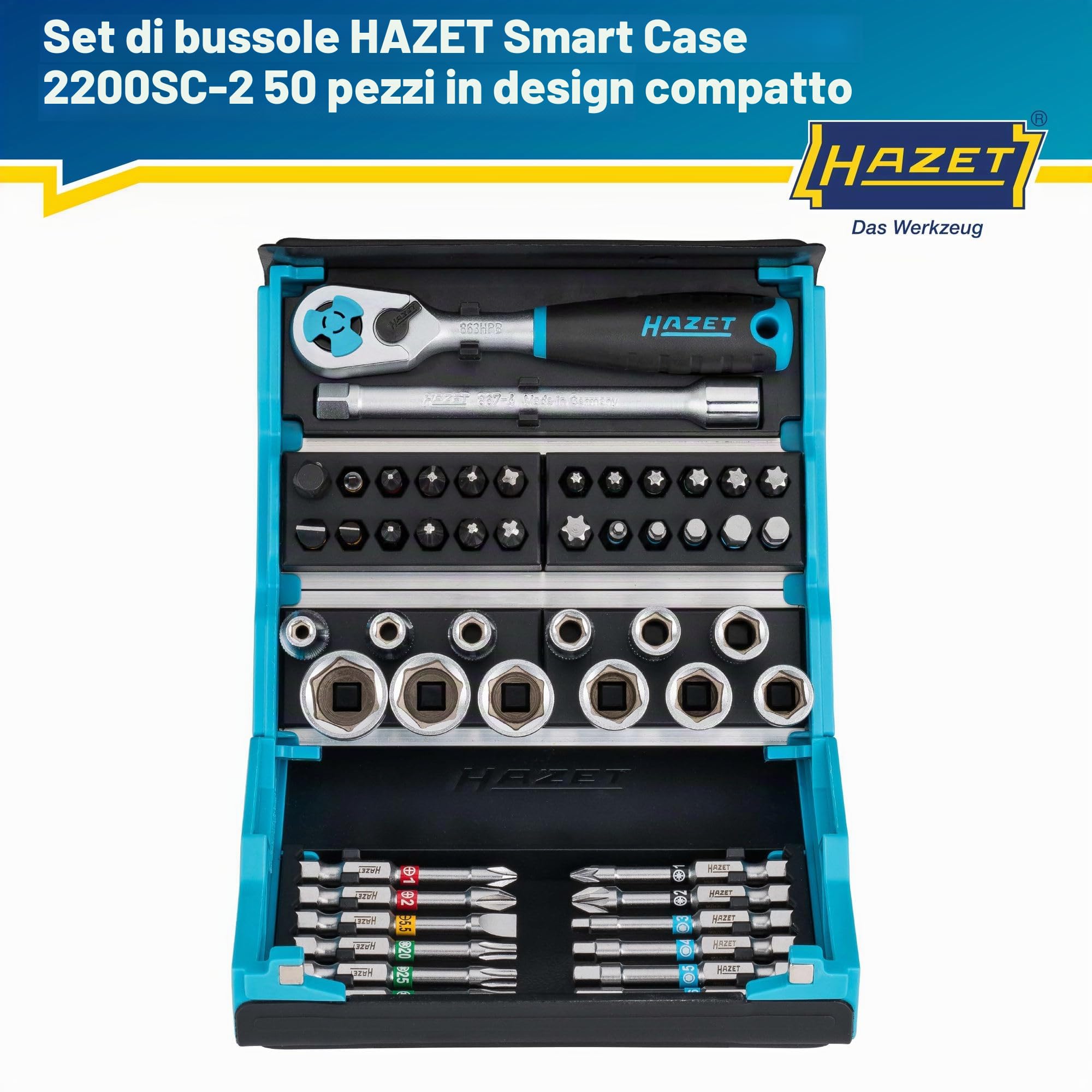 Set di chiavi a bussola HAZET SmartCase 2200SC-2 | Set di chiavi a bussola da 50 pezzi, attacco: esagonale e quadrato 6,3 mm (1/4 di pollice), valigetta portautensili mobile Made in Germany