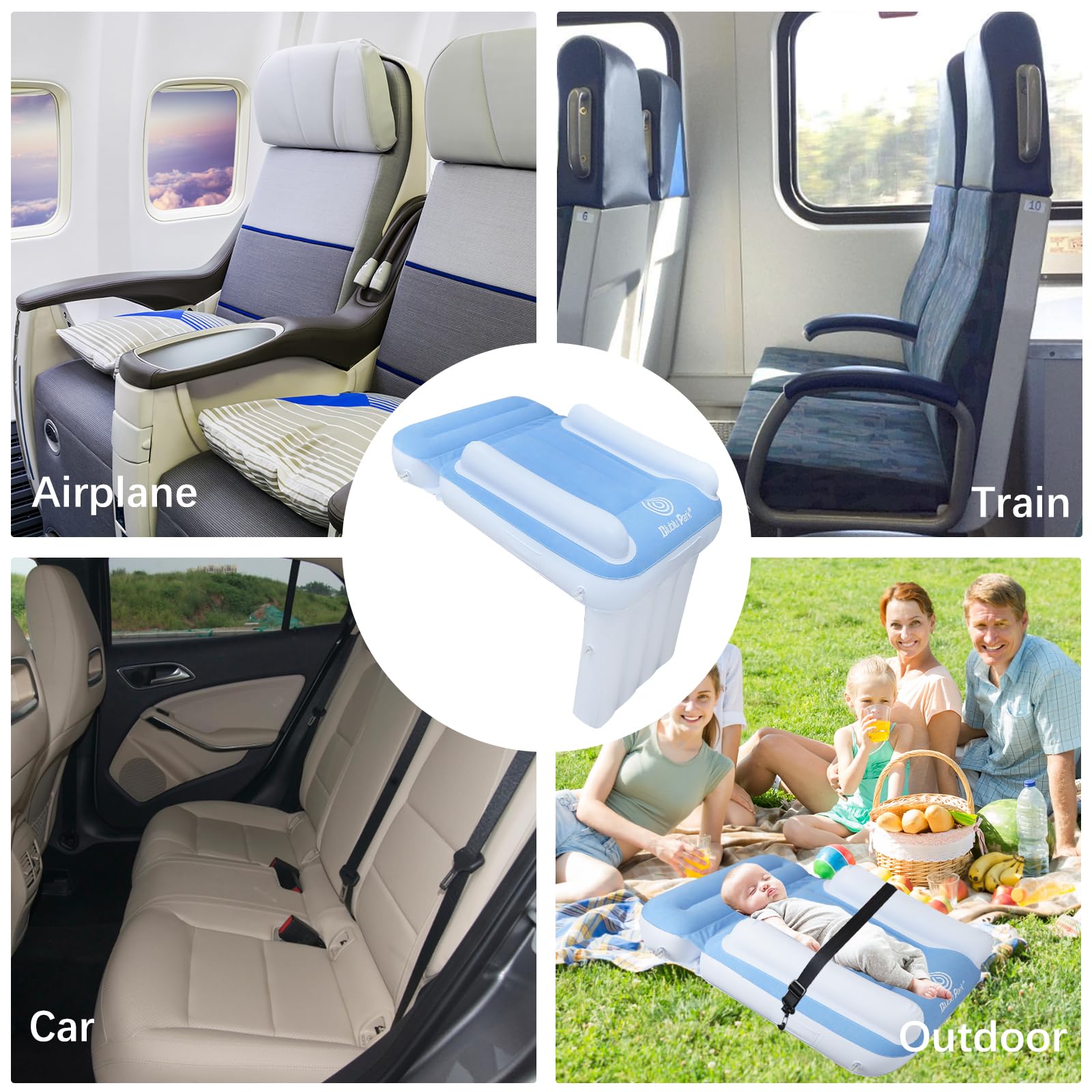 Flugzeugbett für Kleinkinder, Reisebett, Flugzeugsitzverlängerung mit hohen Seiten, aufblasbar, tragbar, passend für Flugsitz, Auto, Zug (Hellblau)