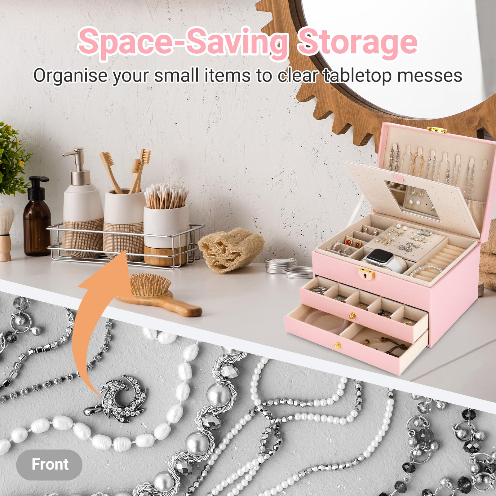Joyeros Mujer Organizador,Caja de Joyas de tres niveles,Caja Joyero de viaje para collares,aretes,pulseras y anillos,con llaves y cerraduras.Adecuado tanto para niñas como para mujeres