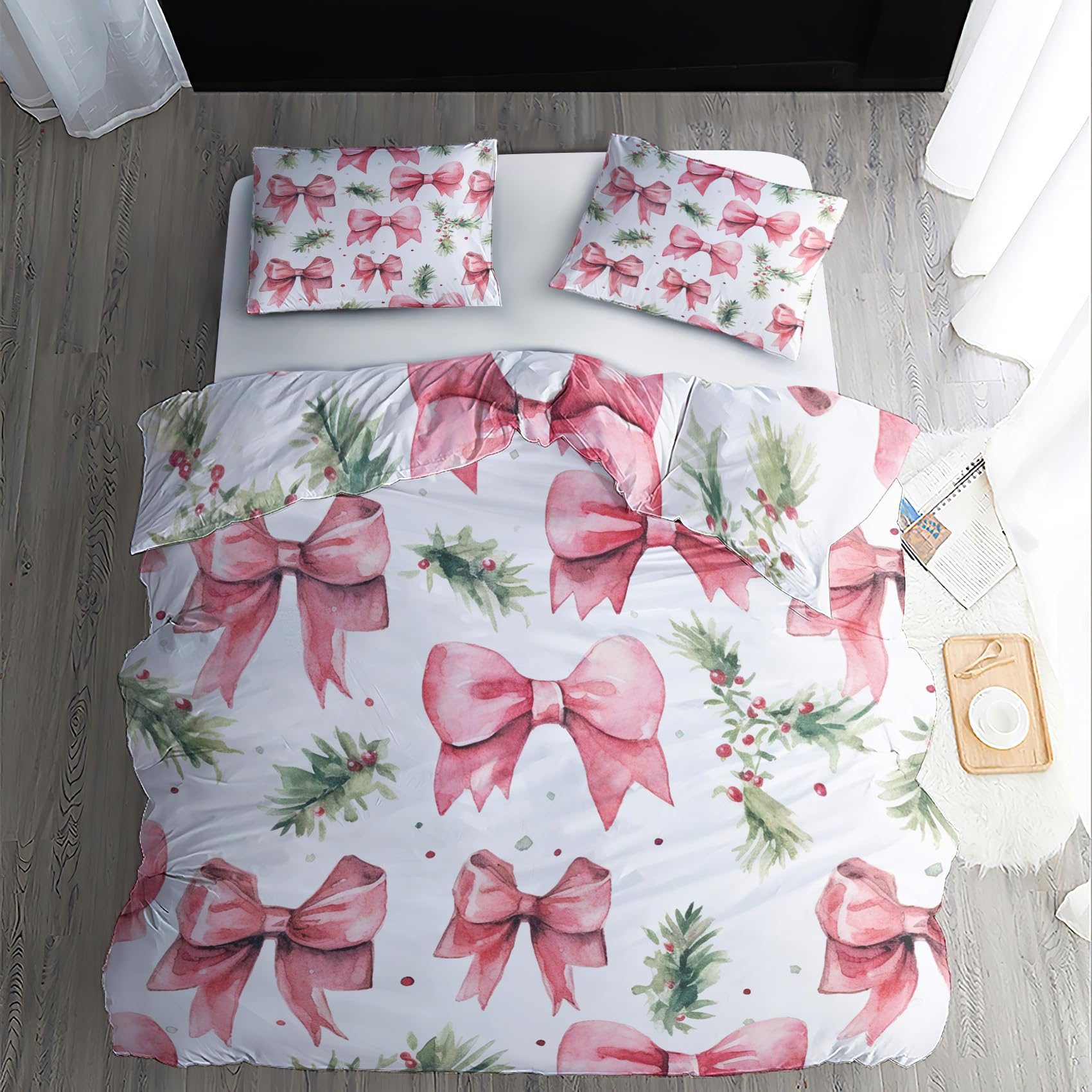 Parure De Lit 3 Pièces Noël - Housse De Couette 220x240 Cm + 2 Taies - Motif Père Noël Rose - Microfibre