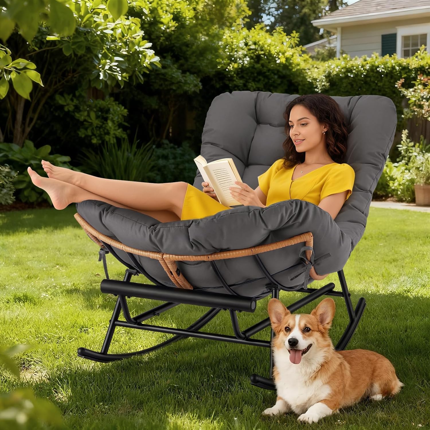 Rocking Chair - Oversized Outdoor Rocking Chairs with Footrest, Indoor Papasan Rocker Egg Chair for Bedroom, Living Room, Porch, Garden, Lawn (Dark Gray-Polyester)