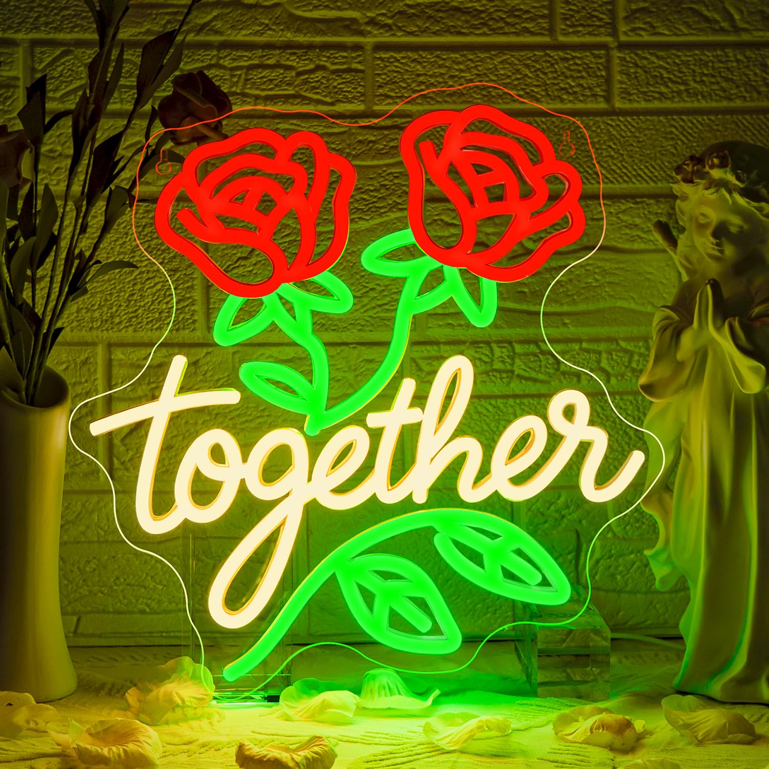 Looklight Red Rose Flower Together Neon Light Sign, Neon Signs for Wall Decor LED Sign Room Decor