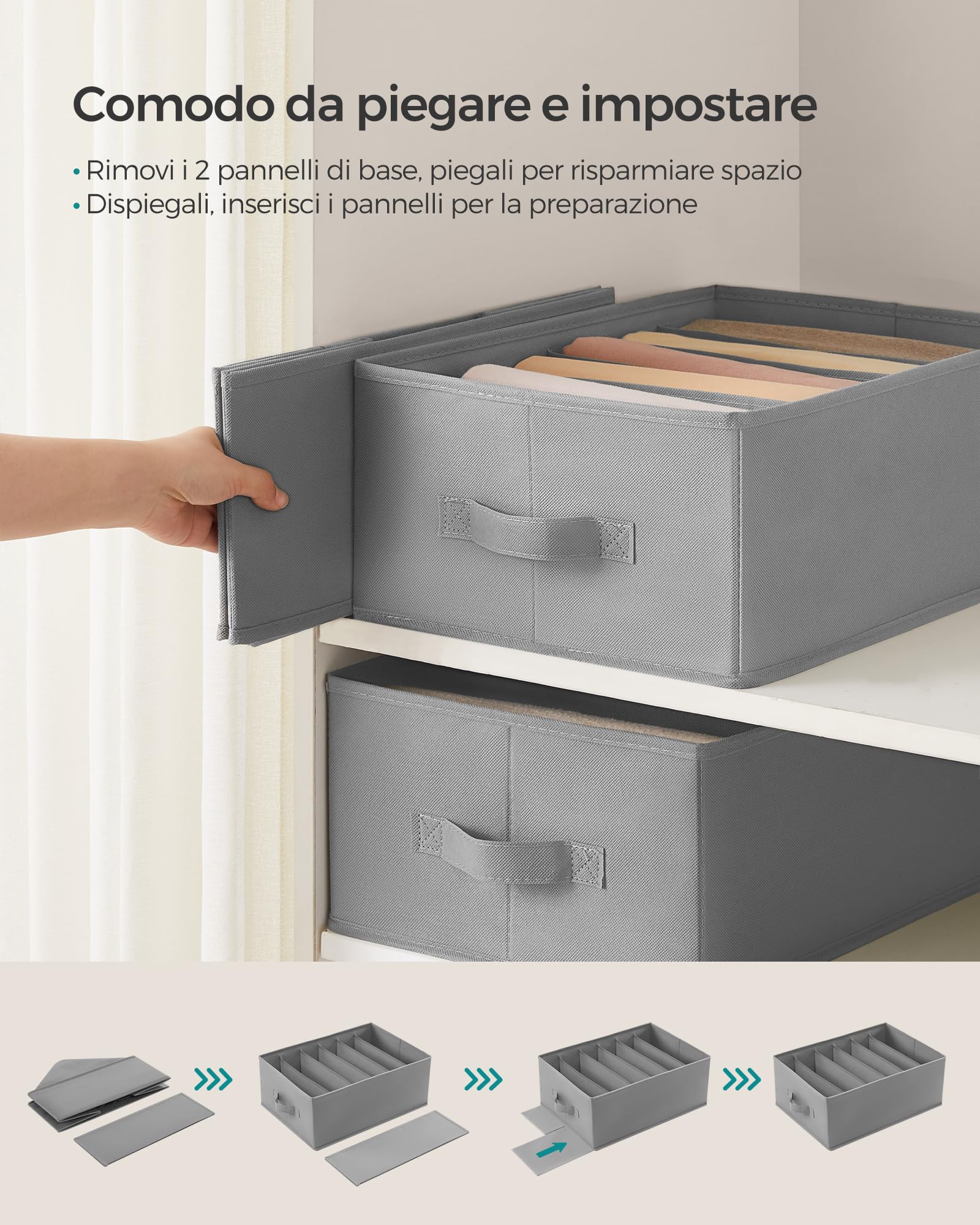 SONGMICS Set di 6 Organizer Cassetti a 6 Scomparti, Scatole per Biancheria Pieghevoli, Organizzatori Contenitori per Armadio Guardaroba, 42 x 30 x 17 cm, Pantaloni Vestiti, Grigio Tortora RUS009G03