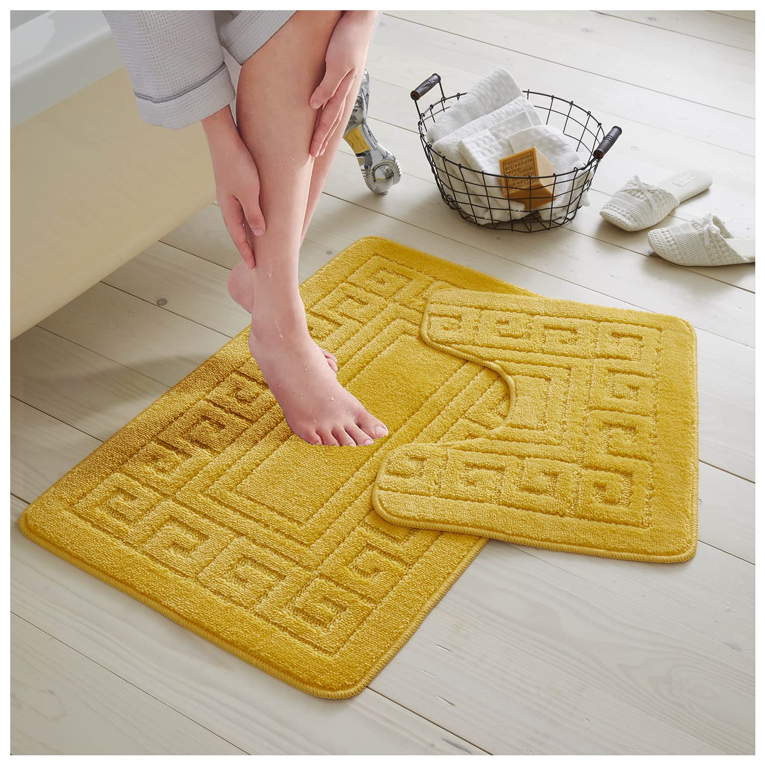 Gc Gaveno Cavailia Grecian Grace 2 Piece Non Slip Bath Mat Set Ochre Quick Dry Water Absorbent Bathroom Shower Mat & Pedestal Set from B&Q