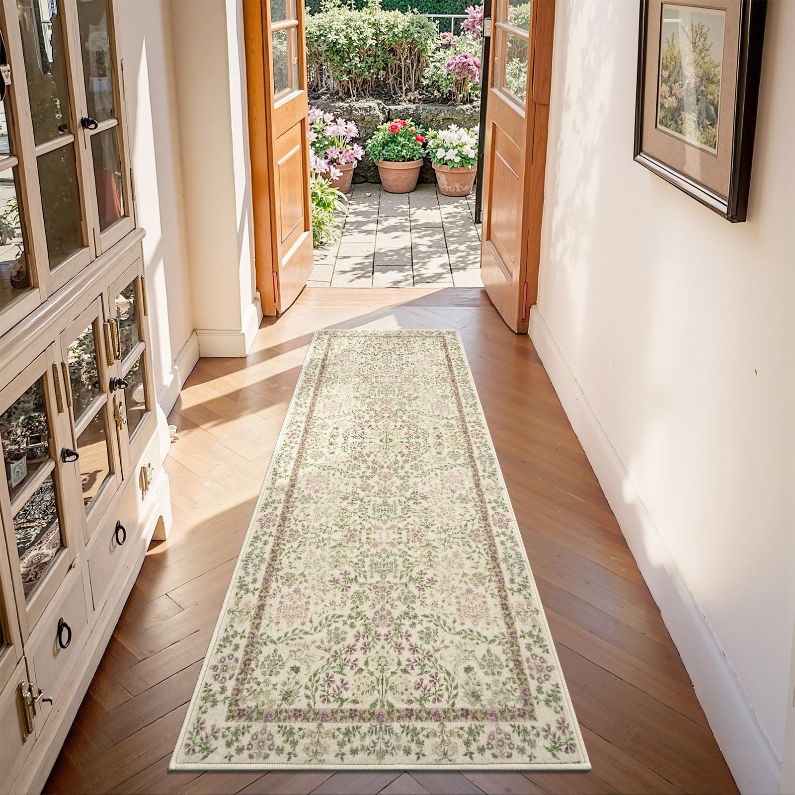 TOPICK Vintage Floral Runner Rug 60x180cm Entryway Machine Washable Non Slip Soft Rug Low-Pile Thin Carpet for Living Room Kitchen Bedroom Bathroom Green/Purple — image 1