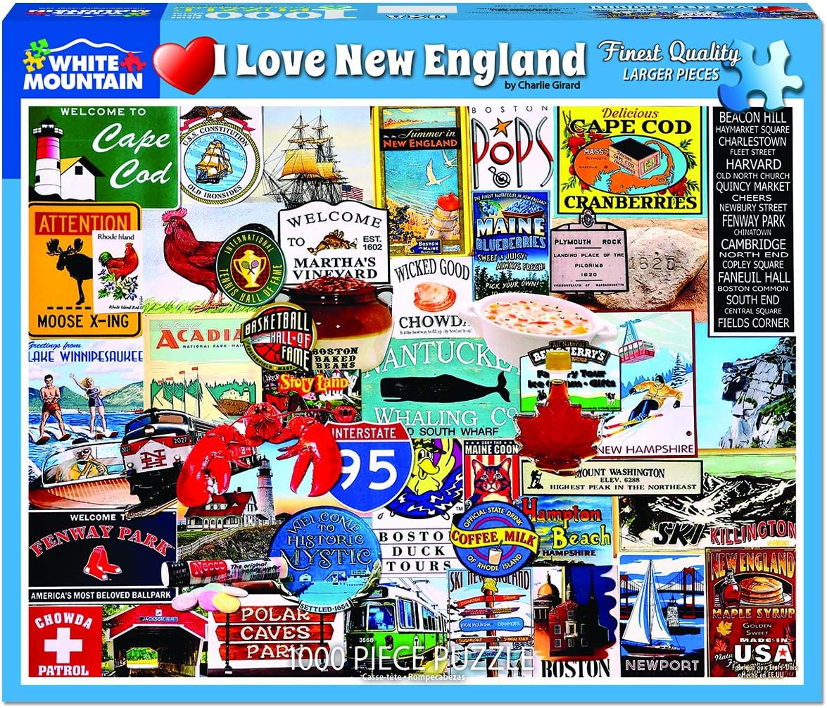 White Mountain 1000 Piece Jigsaw Puzzle Regional Icons Collage Puzzles with Large Pieces for Adults and Family 24"x30" - I Love New England