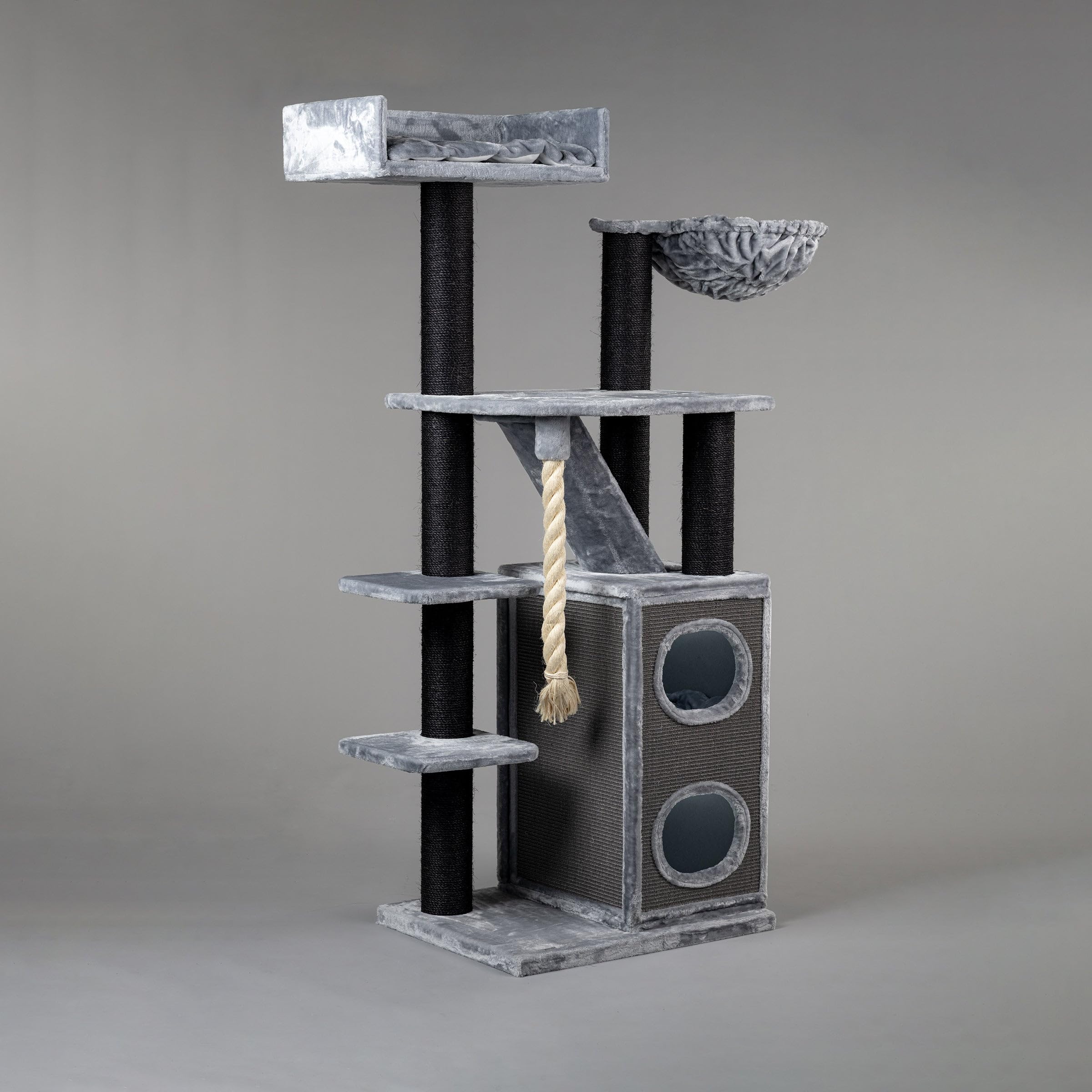 RHRQuality XXL Stable Big Cat Scratching Post, Cat Penthouse, Large Beige Cat Tree for Maine Coon or Other Heavy Cats, Climbing Tree, Scratching Furniture (Normal, Blackline Light Grey)