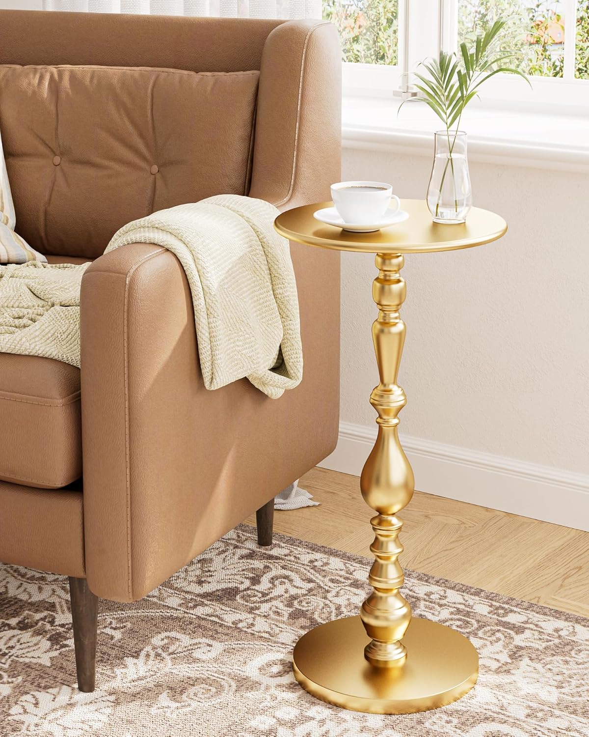 Art Deco Vintage Metal Gold End Table, 24" Height, Luxury Accent Table for Living Room, Small Spaces, Bedrooms, Polished Brass Finish, Corrosion-Resistant Cast Aluminum