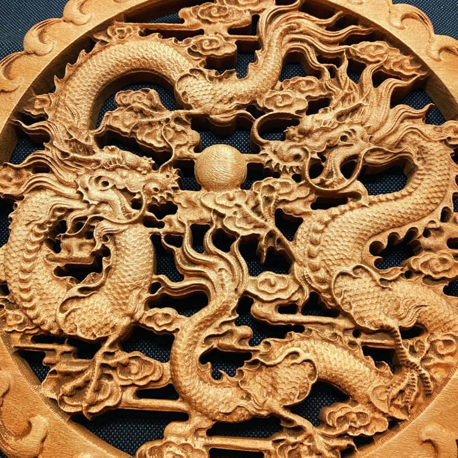 Amazon｜【月下蓮華彫刻堂】 双龍戯珠 26.5cm（龍・竜・雲) 円彫
