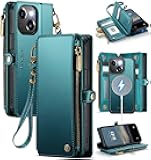Defencase for iPhone 11 Magnetic Wallet Case Compatible with Magsafe with RFID Blocking Zipper & Card Holder for Women Men, PU Leather Strap Detachable Phone Case for iPhone 11 (6.1 inch), Blue Green