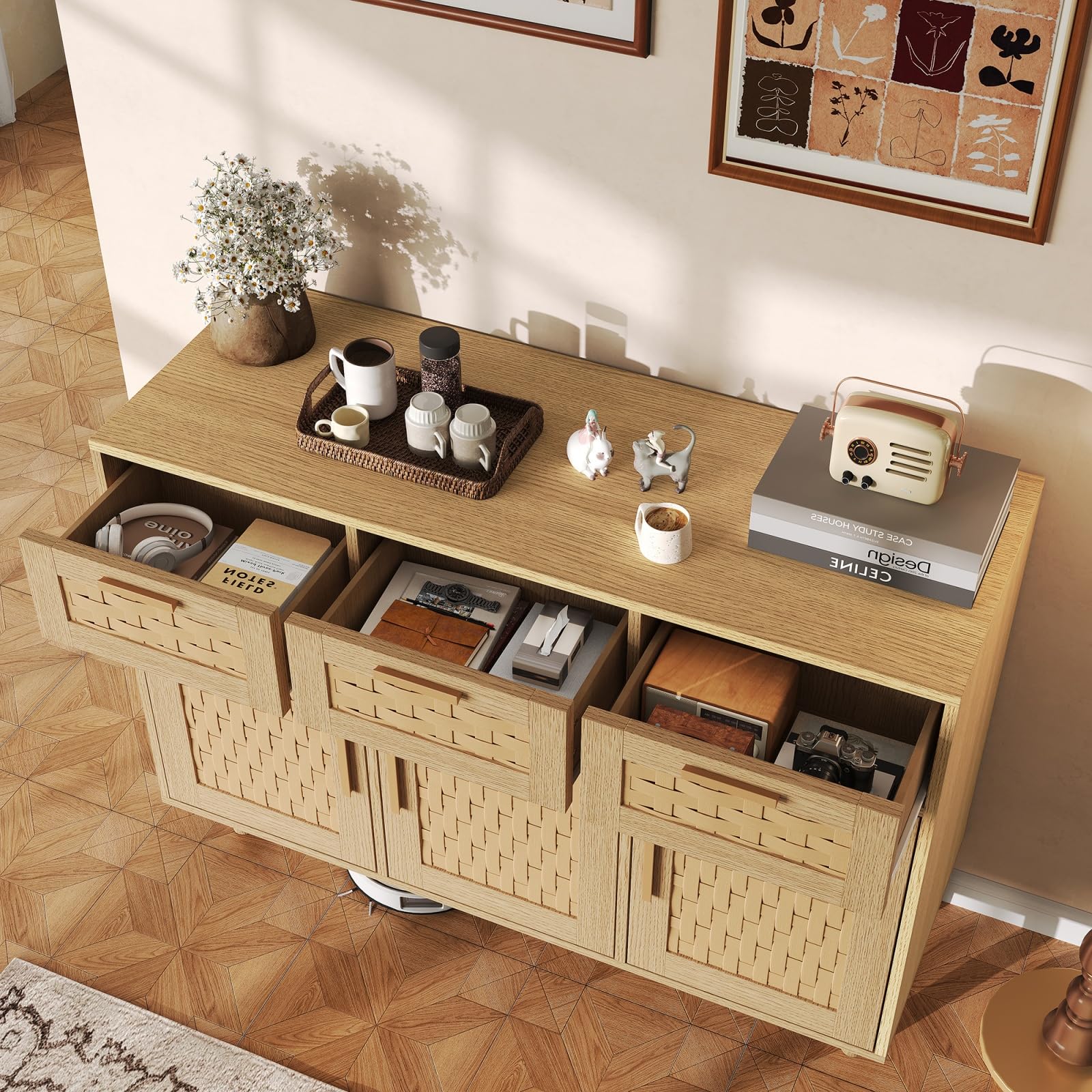 Kredens rattanowy z 3 szufladami i 3 drzwiami, szafka do przechowywania 107,9 x 40 x 80 cm z szafkami na drzwi, komoda z szufladami z nogami, kredens do przechowywania do przedpokoju, wejścia