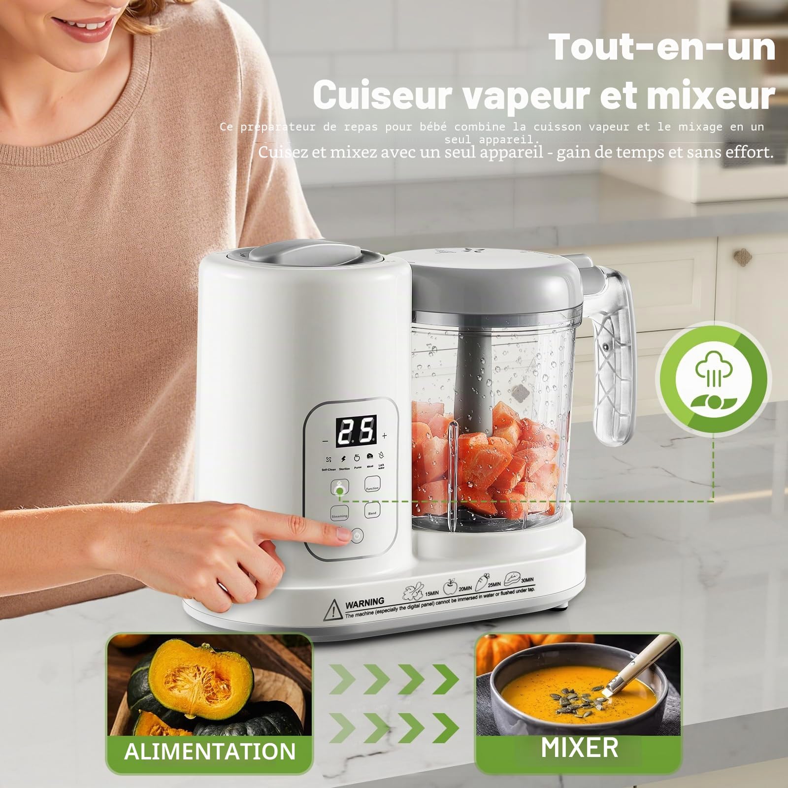 TopStrong Robot Cuiseur Mixeur pour Bébé, Cuiseur Vapeur Mixeur Multifonction avec Fonction Autonettoyante, Mixage, Décongélation, Réchauffage et Maintien, Sans BPA, Diversification Alimentaire