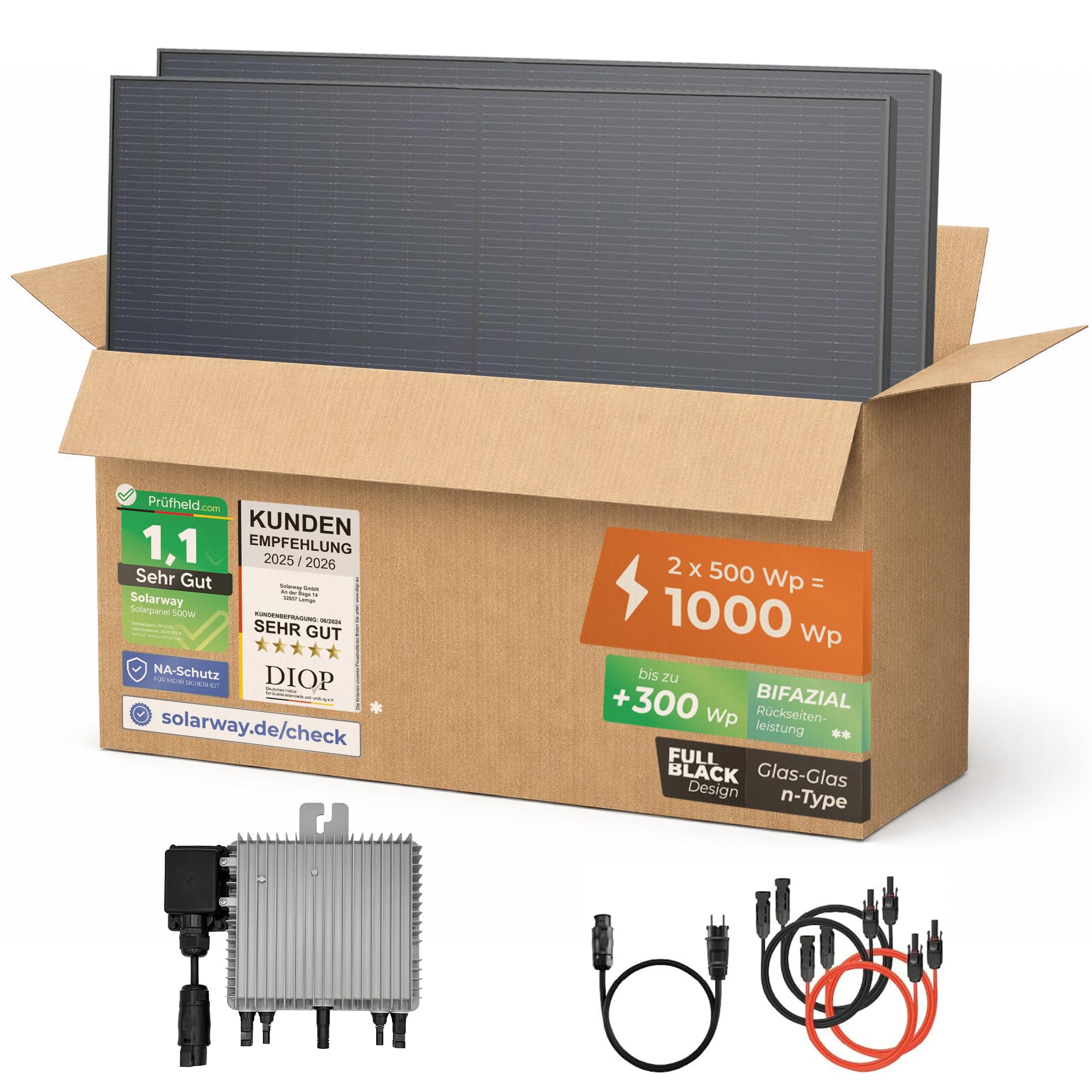 Solarway® 1000Wp / 800W Balkonkraftwerk - Deye SUN-M80G4-EU-Q0 800 Watt Wechselrichter - Komplettset mit 500W Solarmodulen, Wechselrichter & Zubehör – steckerfertige Mini-Solaranlage für die Steckdose