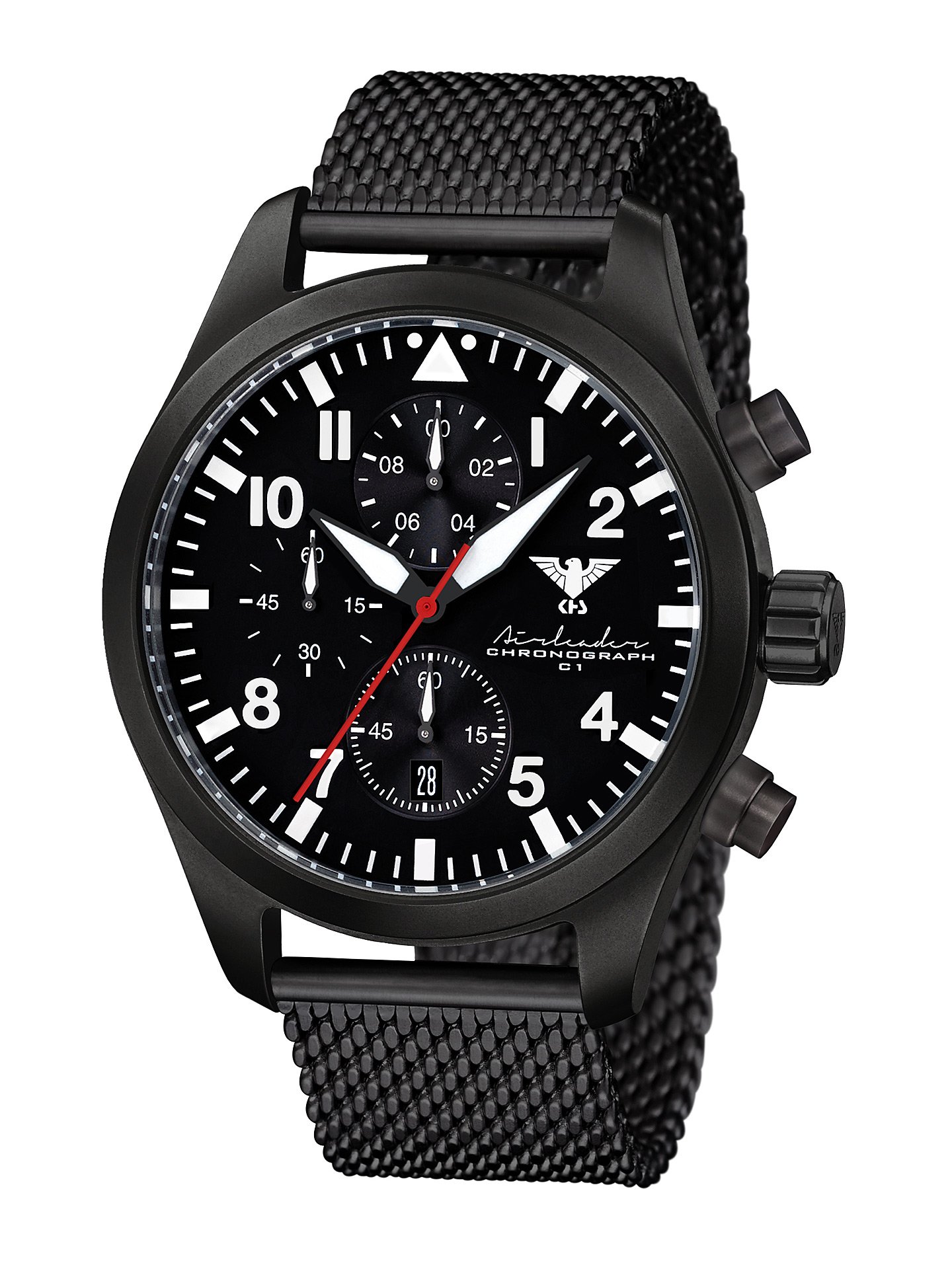 Airleader Black Steel Chronograph KHS.AIRBSC.MB Edelstahl IP-beschichtet schwarz, Meshband, KHS Tactical Watch, Einsatzuhr, Fliegeruhr