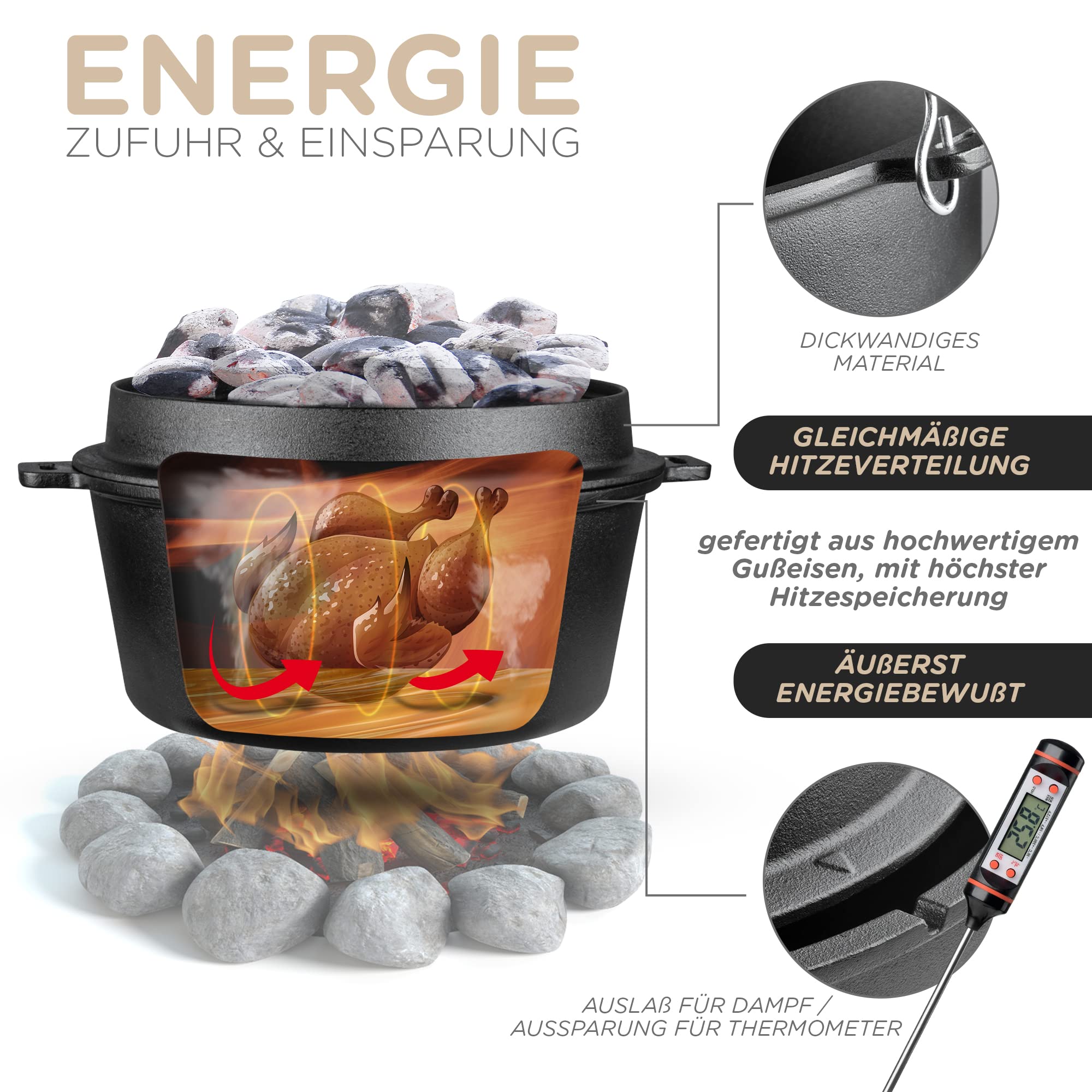 ORIGINAL DUTCH OVEN (9L), JAXX ROADHOUSE eingebrannter Gusseiserner Feuertopf mit Deckelheber & Tragetasche, für Innen und Außen