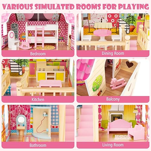 Miniatura 4 de HONEY JOY Casa de muñecas rosa, casa de muñecas de madera para niños con balcón y escaleras, 15 piezas de accesorios y muebles incluidos, juguete