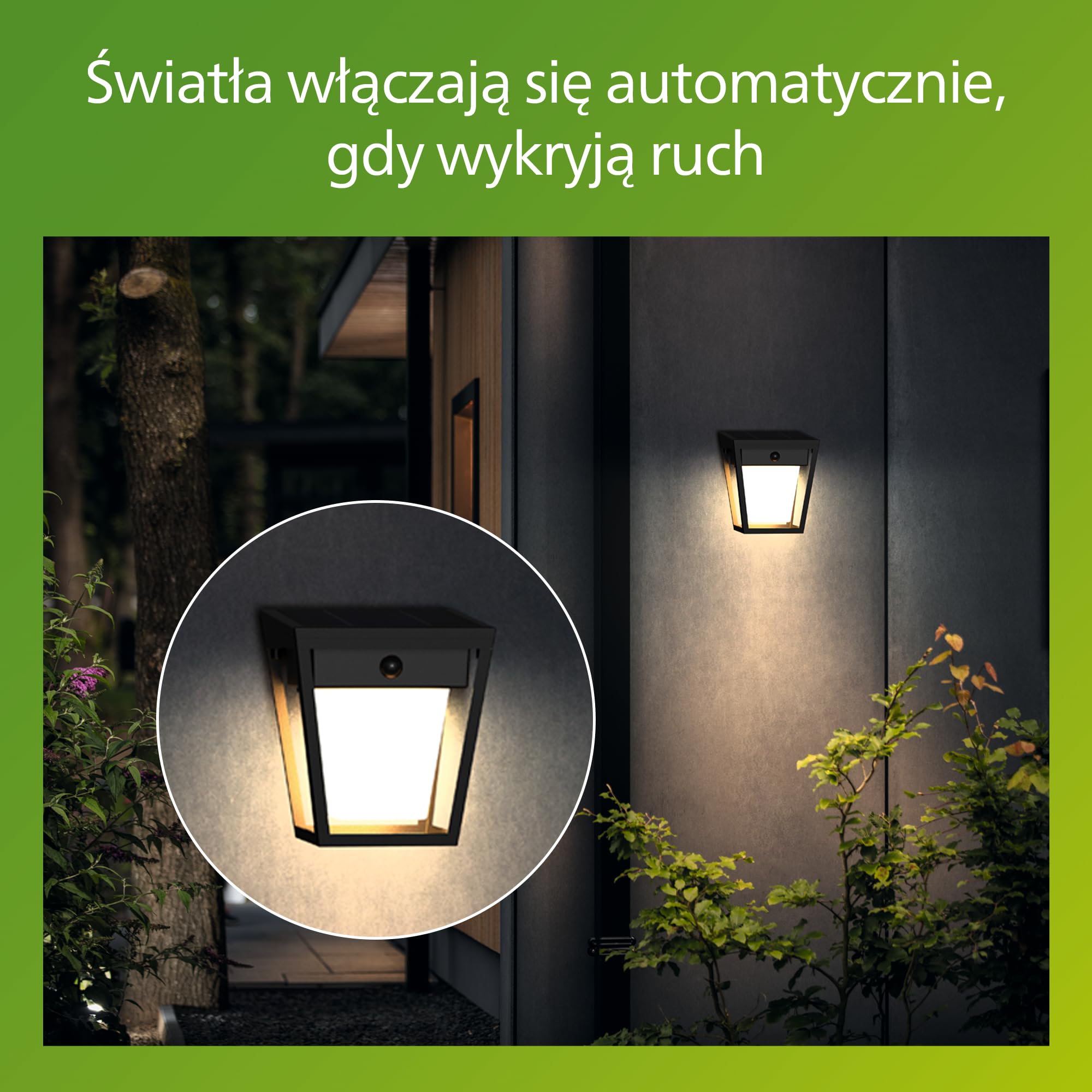 Philips Nissa UltraEfficient Zewnętrzna Lampa Ścienna Solarna z Czujnikiem, 3000K, 250/25lm, Czarna